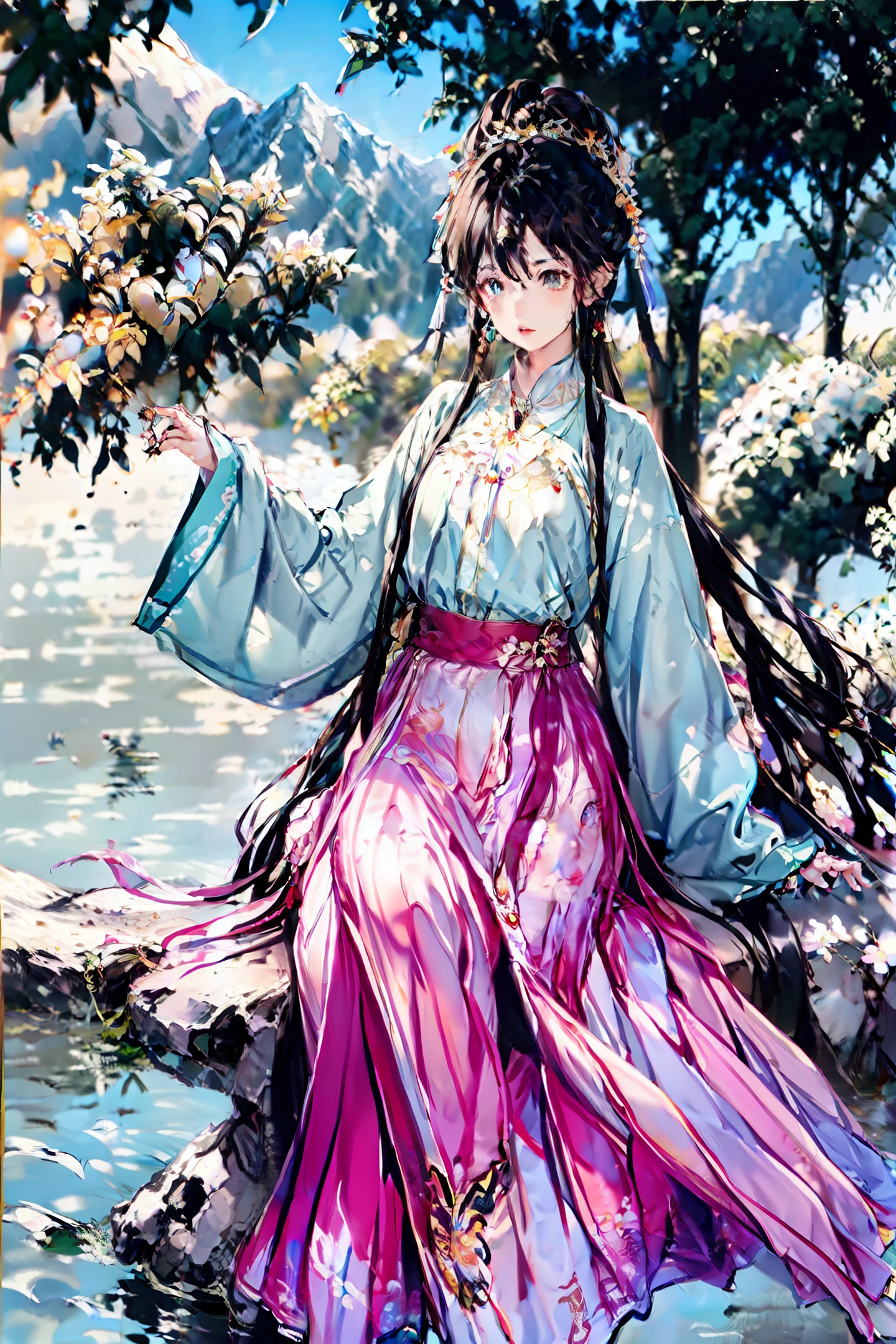 1 girl, serene expression, mesmerizing eyes, straight long hair, flowing dress, poised posture, porcelain skin, subtle blush, crystal pendant
BREAK
golden hour, (rim lighting):1.2, warm tones, sun flare, soft shadows, vibrant colors, painterly effect, dreamy atmosphere
BREAK
scenic lake, distant mountains, willow tree, calm water, reflection, sunlit clouds, peaceful ambiance, idyllic sunset, ultra detailed, official art, unity 8k wallpaper
, zentangle, mandala