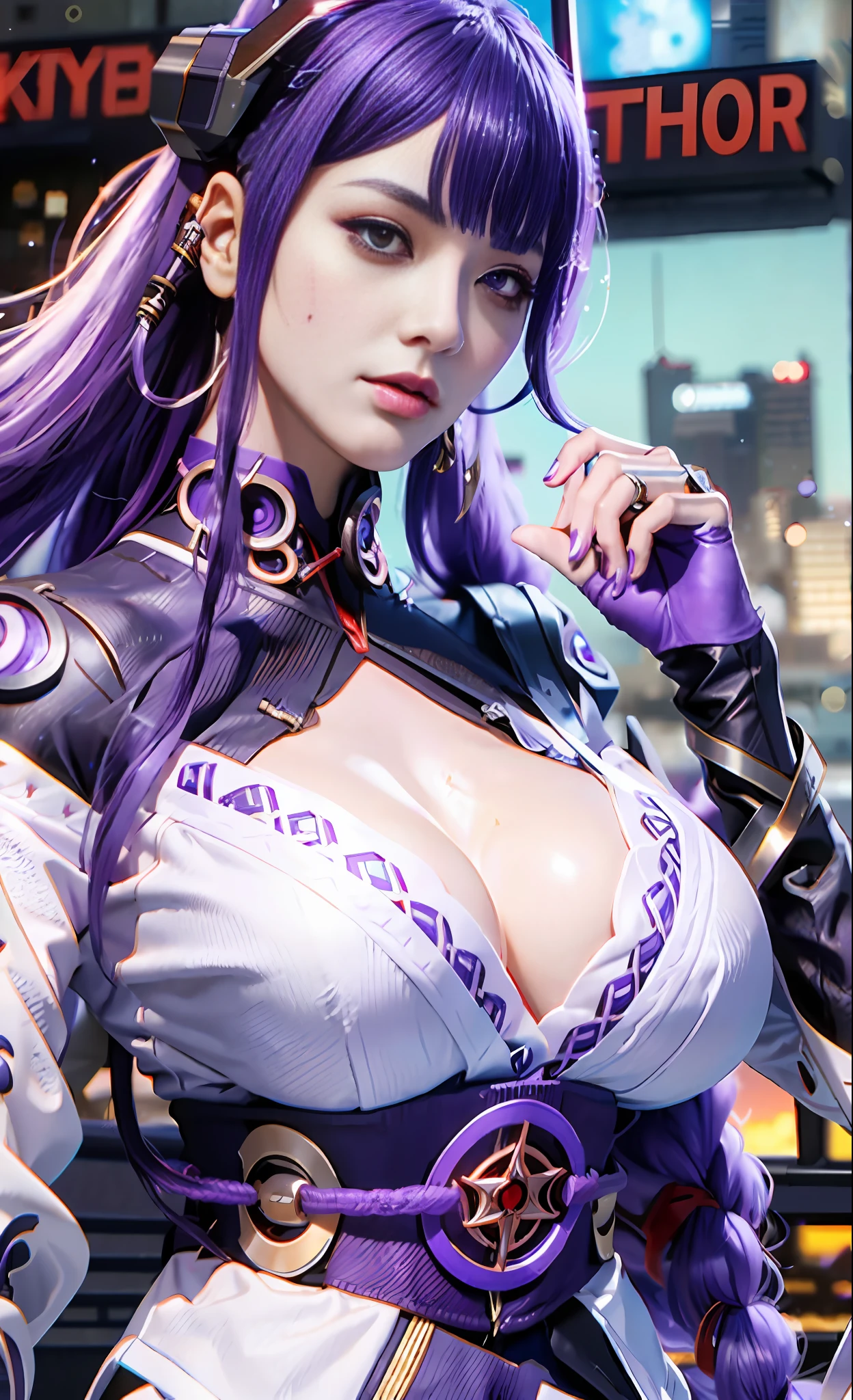 Unreal Engine 5 Realistic Render, ((portrait:1.2)), RaidenShogun, detailed clothes, white clothes, blunt bangs, braid, (huge breasts:1.1), cleavage, wide-sleeved kimono, hair ornament, white japanese clothes, (red obi:1.4), (purple hair:1.4), very long hair, straight hair, detailed face, cool face, (smooth chin:0.85), closed mouth, long eyelashes, sharp eyes, looking at viewer, beautiful eyes, detailed eyes, thick eyebrows, red eyeshadow, symmetry eyes, (ulzzang-6500:0.7), skirt, (from below:1.1), (cyberpunk city:1.4), from side, (rooftop:1.5), (star \(sky\):1.3), photon mapping, physically-based rendering, RAW photo, highly detailed background, high res, perspective, beautiful face, top body is hyper realistic thicc muscle and hyper largest_breasts!! with the type of boobs_melons, lower is huge buttocks, wet shiny body