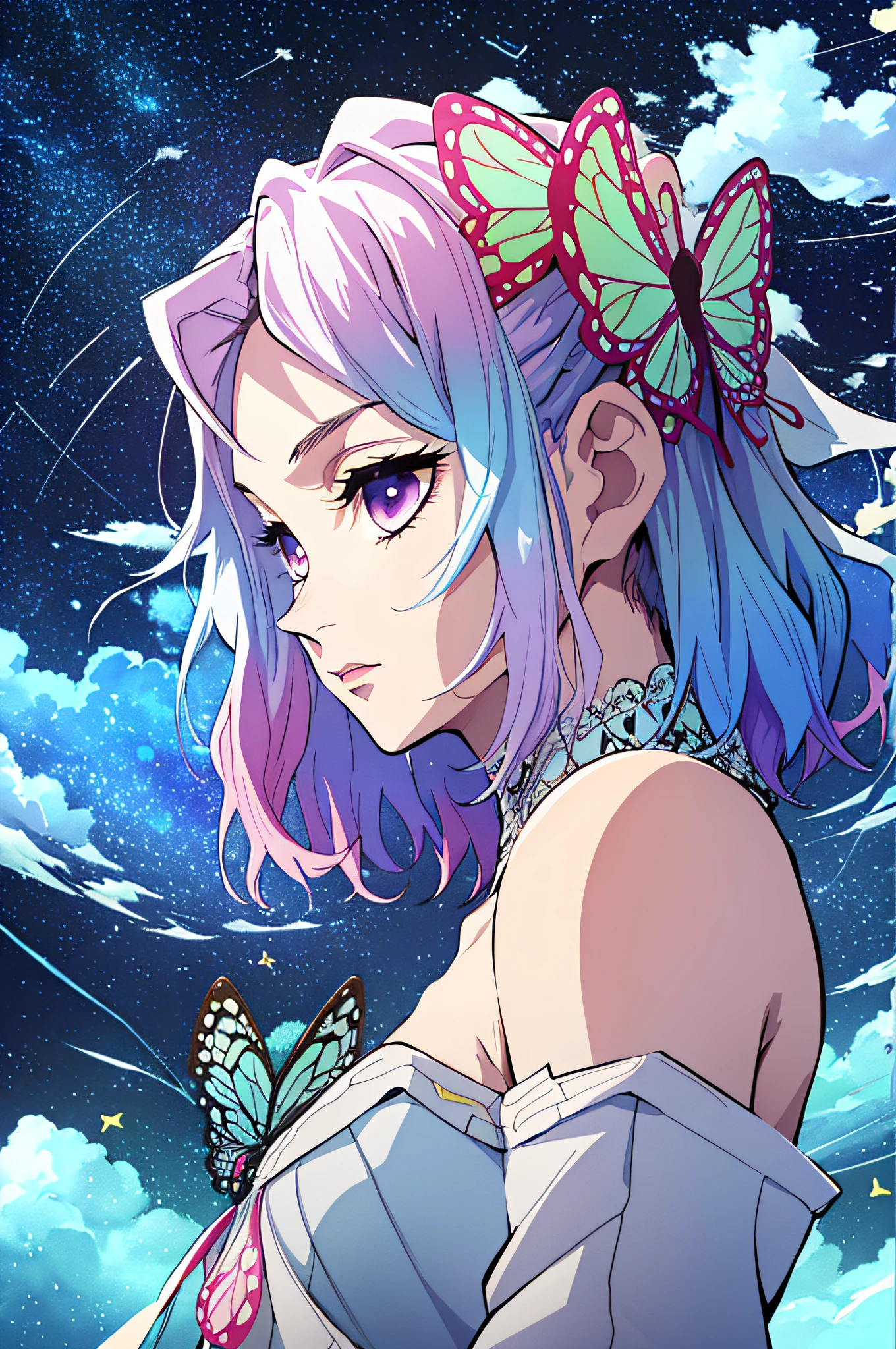 (Masterpiece, Best Quality, Best Quality, Watercolor (Medium), Official Art, Beautiful and Aesthetic, (1.2), (1 Girl: 1.3), (Fractal Art: 1.3), Upper Body, From the Side, Watching the Viewer, Pattern, (Iridescent Hair, Colorful Hair, Half Blue and Half Pink Hair: 1.2), Water, Liquid, Clouds, Colorful, Starry Sky, Stars, Butterfly, Butterfly, Butterfly