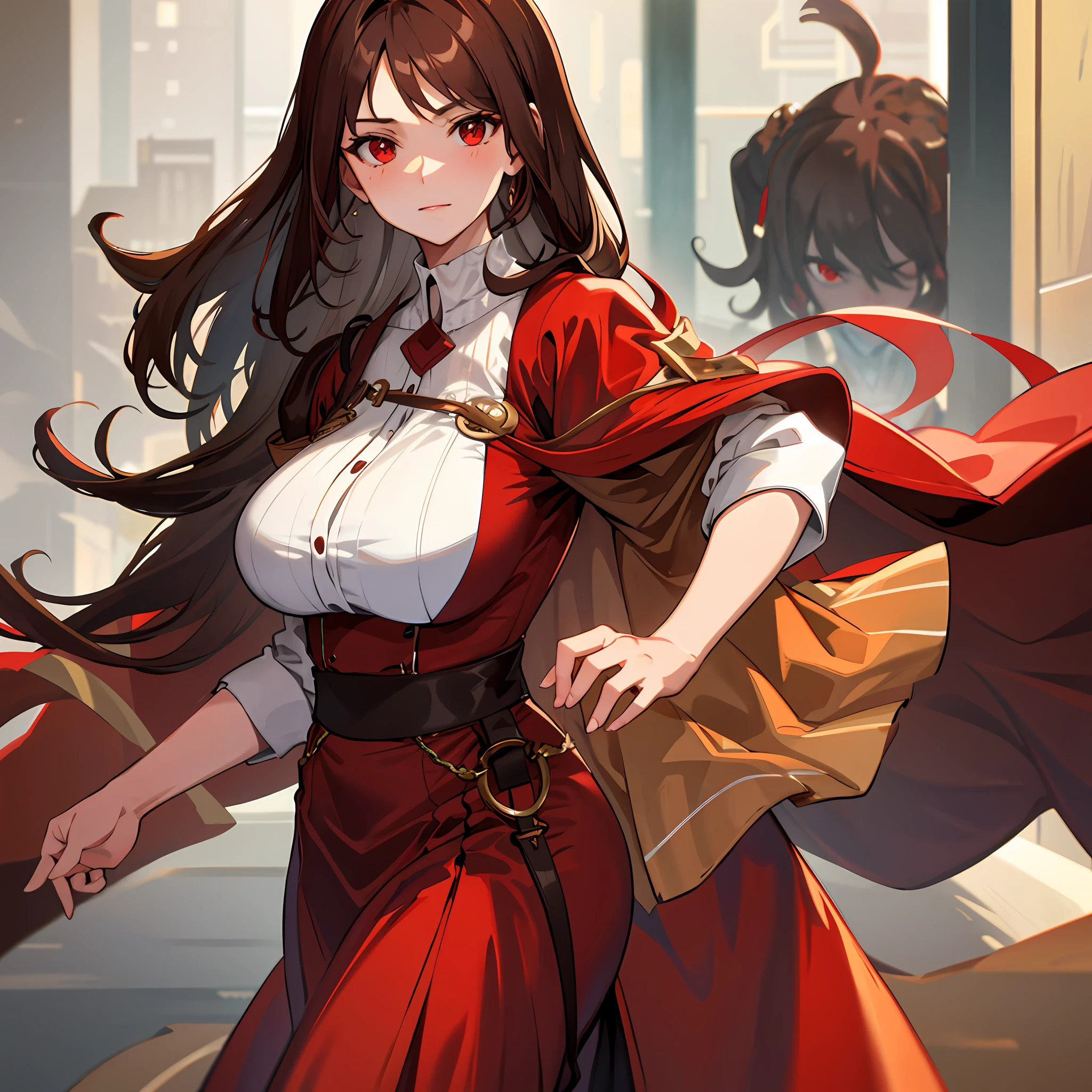 Large woman, 1 woman, red eyes, brown clothes, brown hair, full-length, Dubrava