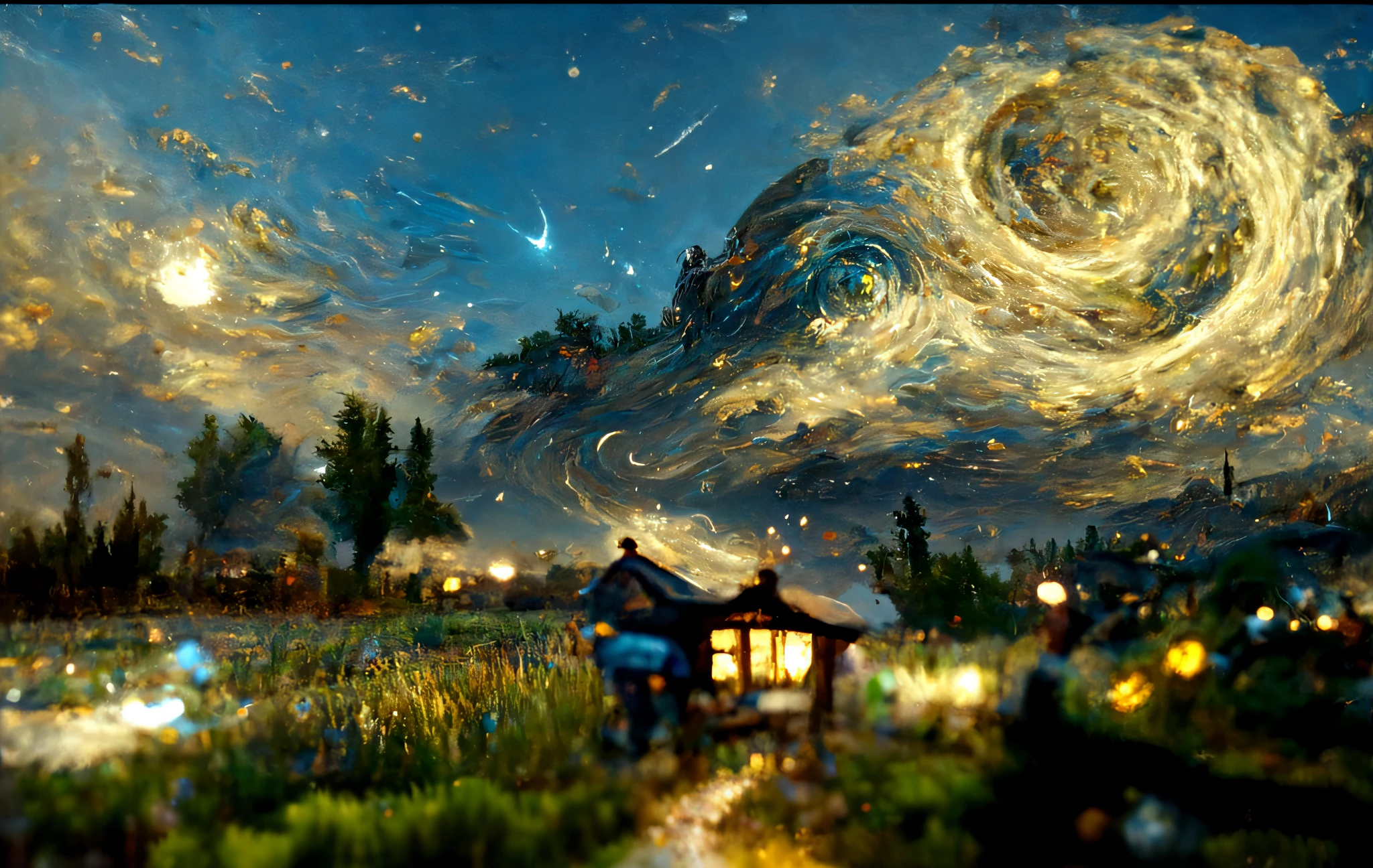 starry night scene with a house and a house in the foreground, 4k highly detailed digital art, highly detailed surreal vfx, epic surrealism 8k oil painting, swirling scene, beautiful art uhd 4 k, 4k detailed digital art, detailed painting 4 k, detailed dreamscape, dreamlike digital painting, science fantasy painting, extremely detailed digital art