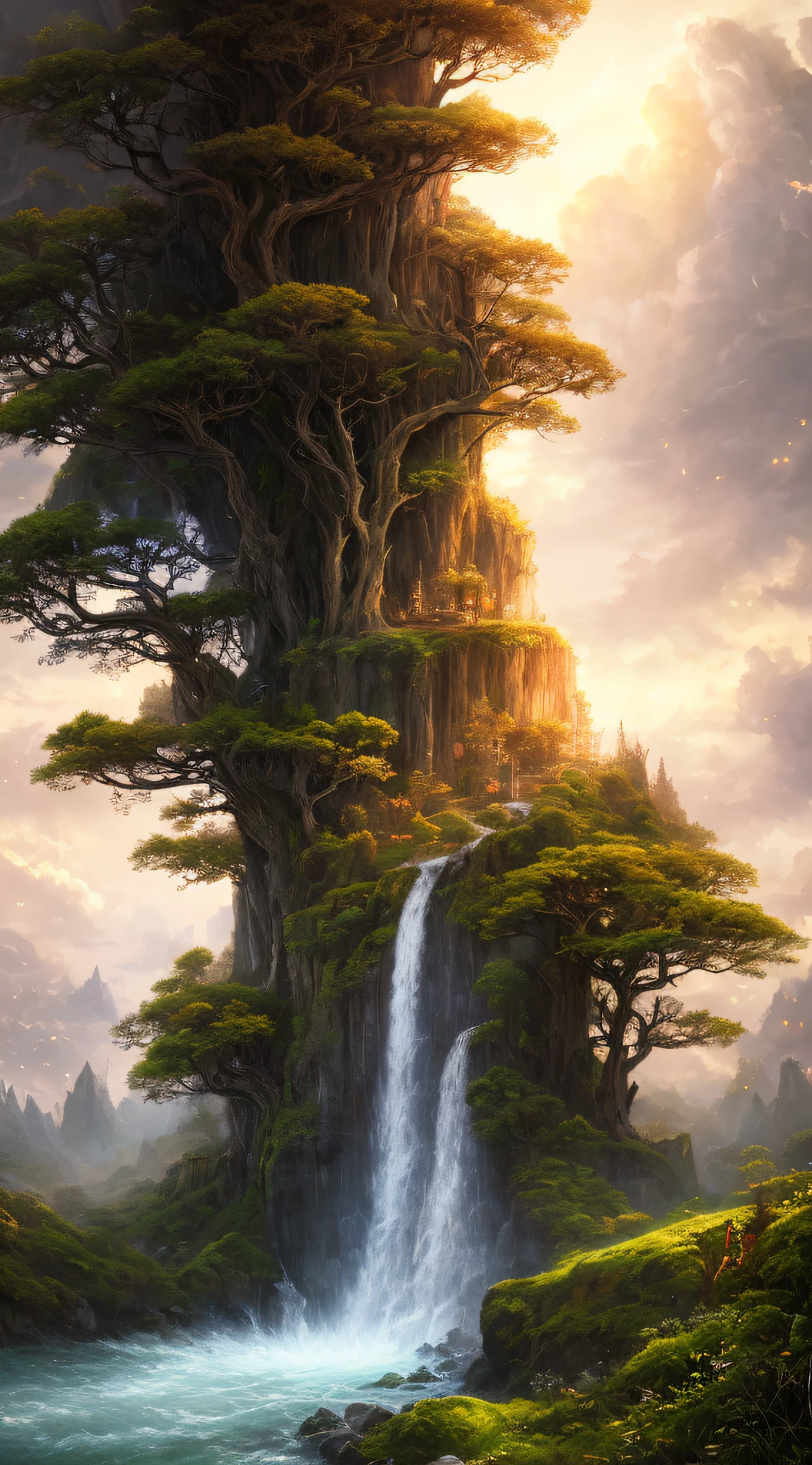 Masterpiece, best quality, high quality, extremely detailed CG 8k wallpaper unit, charming dream scene of dream forest, imposing trees, hidden fairy gorge, creating a mysterious and charming feel, artstation, digital illustration, complex, trend, pastel colors, oil painting, award-winning photography, bokeh, depth of field, HDR, bloom, chromatic aberration, realism, very detailed,  artstation trend, CGsociety trend, complex, high detail, dramatic, dark art, clouds, sun, waterfalls,