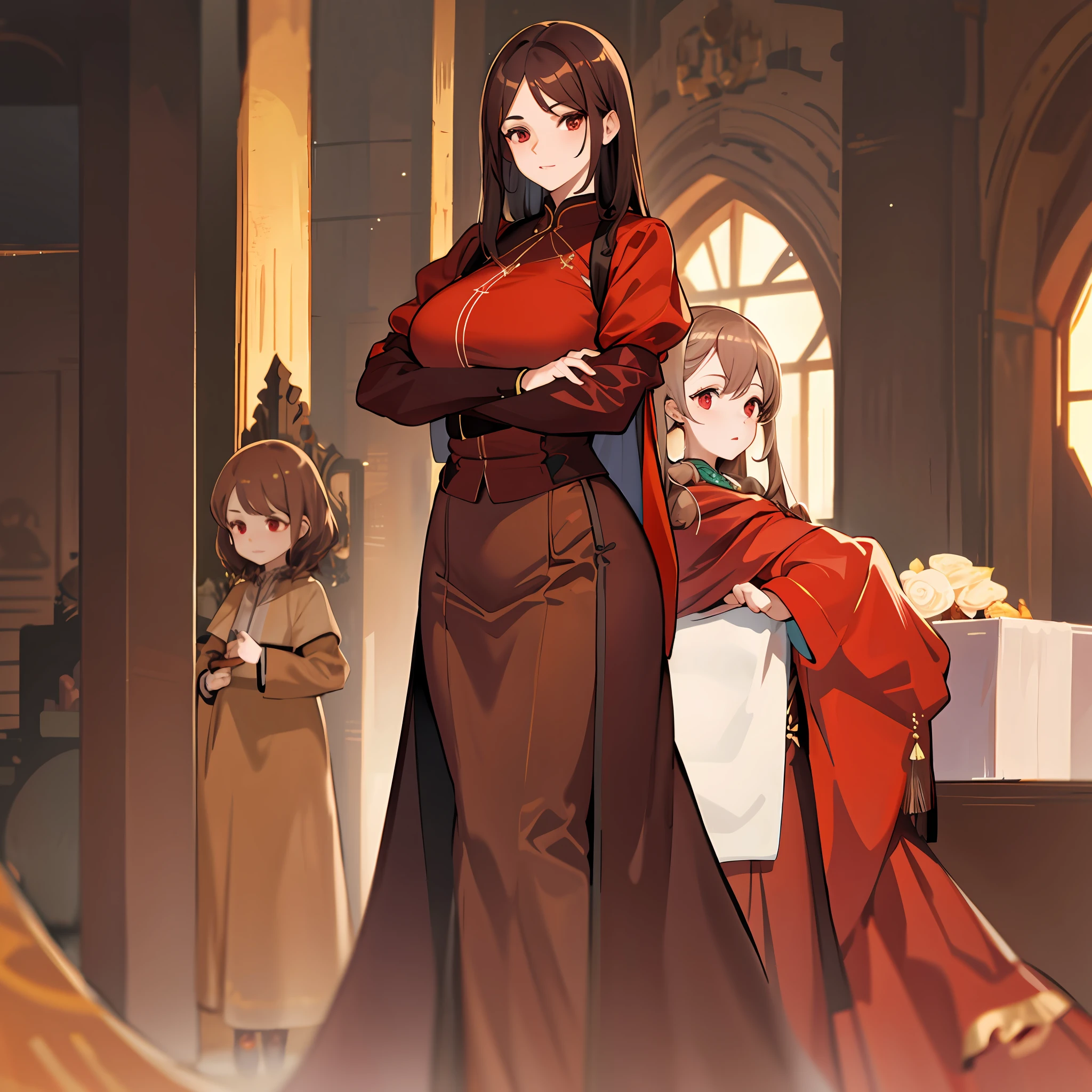 Large woman, 1 woman, red eyes, brown clothes, brown hair, full-length, Dubrava