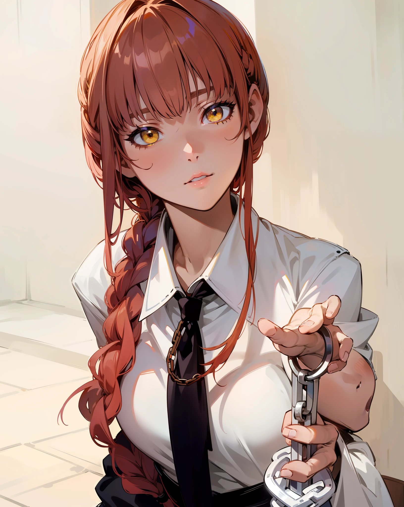 makima, yellow eyes, holding a chain, beautiful face, simple background, extremely detailed body, extremely detailed face, dark lighting, high resolution, maximum quality, 4K, hair with braid going through the shoulder, hand holding an extremely detailed chain