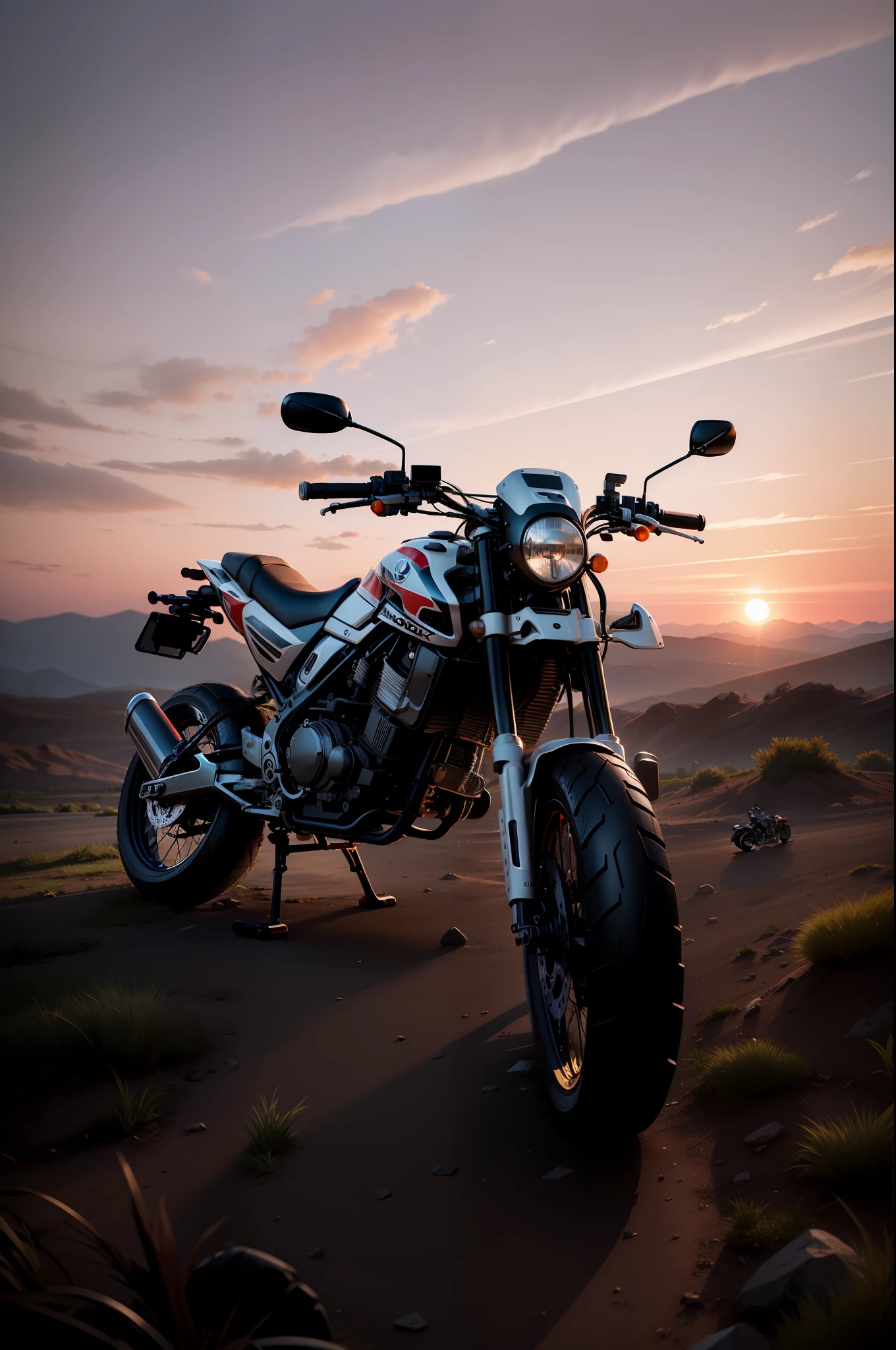 motorcycle, motorcycle, honda bros, honda bike, realistic motorcycle, photorealism, photorealistic, realistic, ultra hd, 4k, detailed textures, futuristic colors, motorcycle colors red and black, super realistic, surreal, unbelievable, beauty, beauty place, beautiful place, detailed, detailed texture, detailed shadows, realistic shadows, high resolution colors, highly detailed, soft textures, honda bros, super moto, futuristic bike,