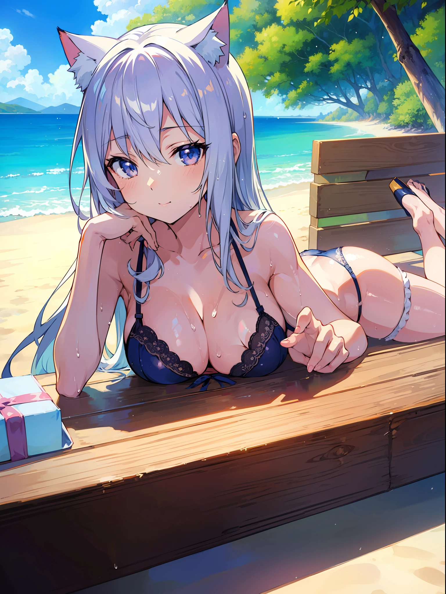 (Masterpiece), (Best Definition Anime Illustration), (Super Definition), One Girl, Solo, Beautiful Girl with Silver Hair, Anime , Cat Ear Lolixy Lingerie, Sexy Pose, Lying on the Beach, Wet Sheer