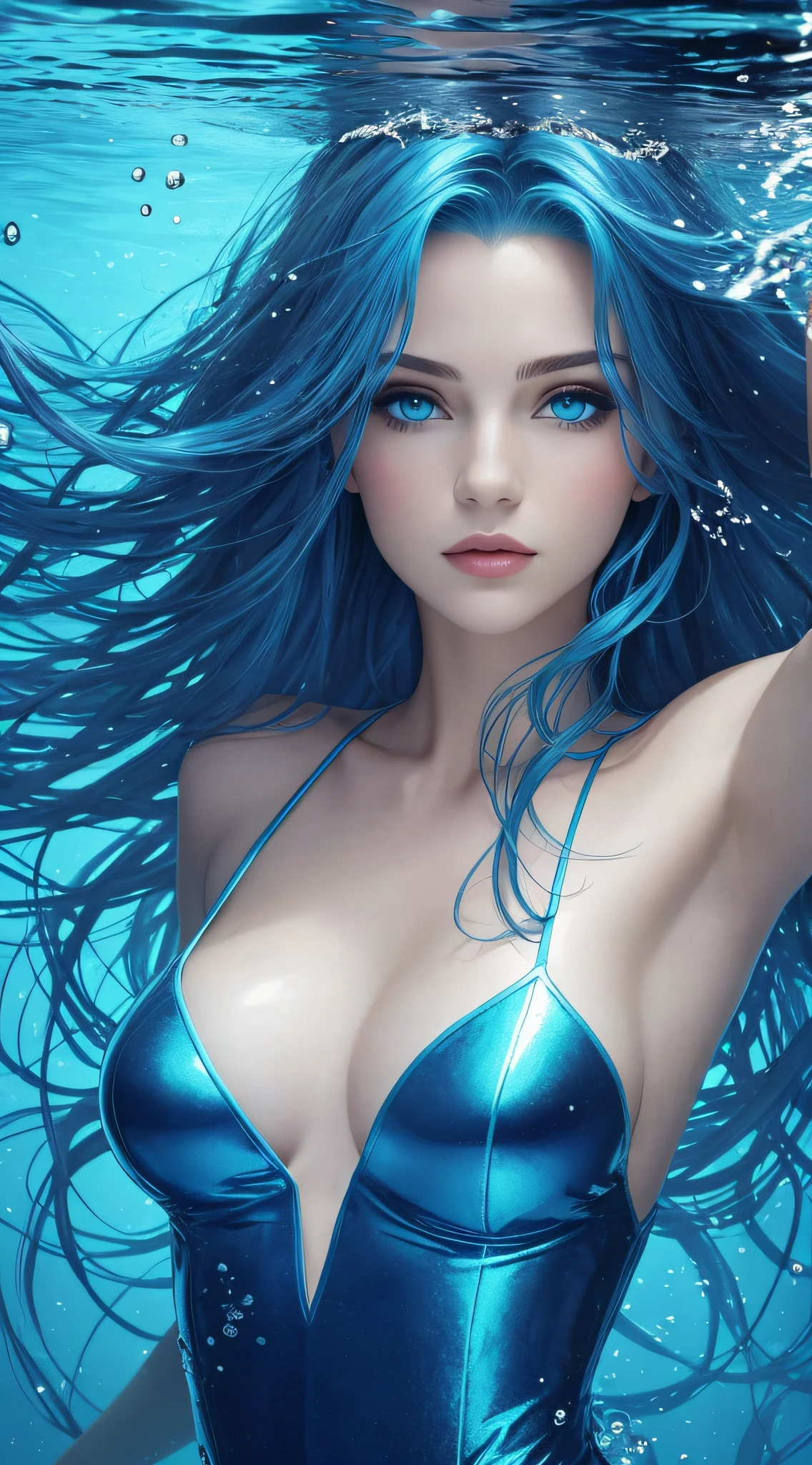 Under water scene, amazing woman, blue hair, blue eyes,