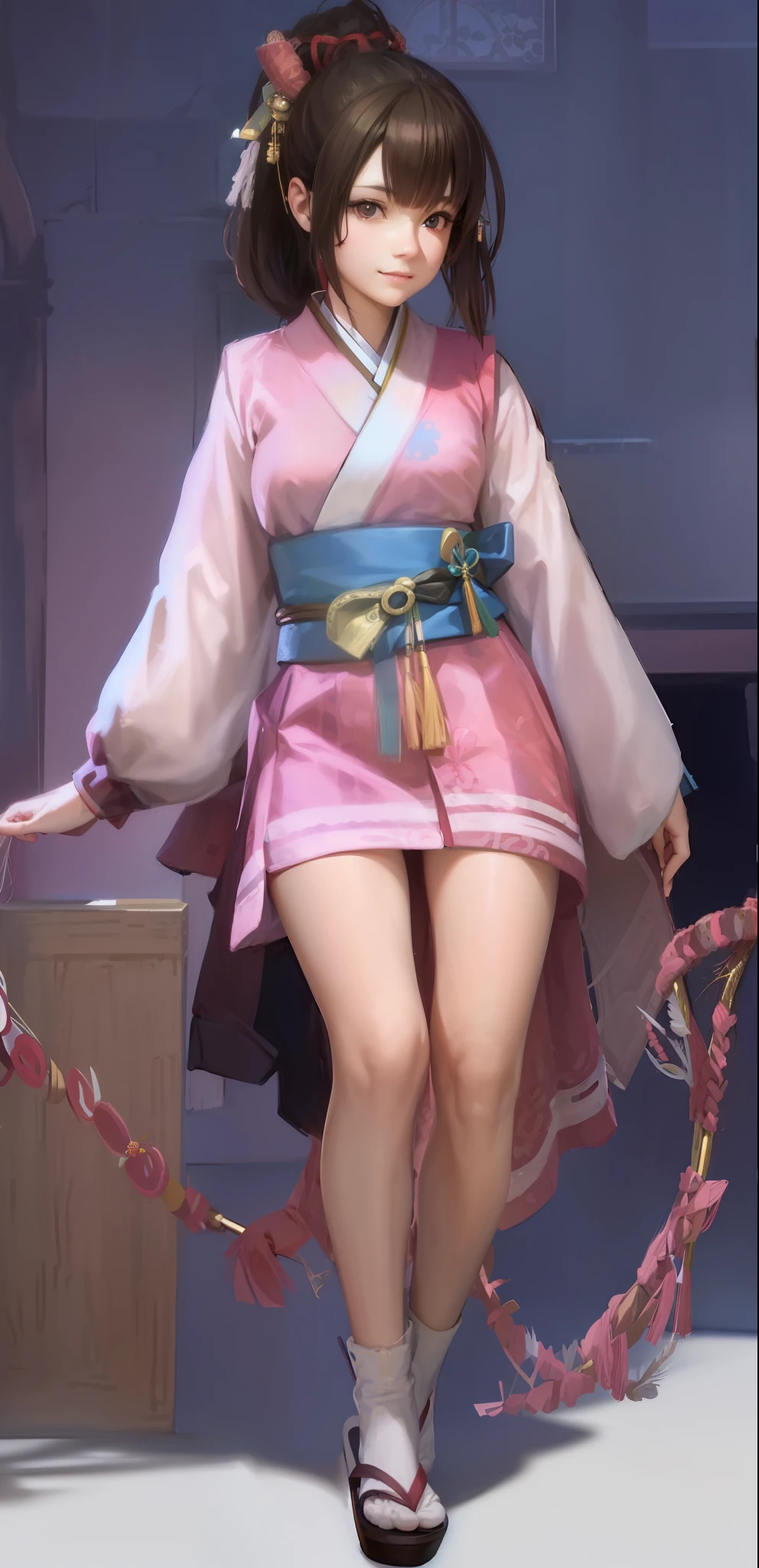 Oichi, brown hair, ponytail, hair ornament, brown eyes, medium breasts, pink kimono, kimono, medium length kimono, long sleeves, tabi socks, socks that are below the knee, red platform sandals, blue mini skirt, two white horizontal lines on the edge of the skirt, blue obijime, blue ribbon on both ankles, clear white skin, gentle smile, realistic, 8K, (photorealistic: 1.4), beautiful eyes, Top Quality, Super Detail, 1girl, Photon Mapping, Physically Based Rendering, Realistic, Solo, Glowing Skin, Beautiful White Skin, Looking at the Camera, Full Body, Kimono with Slit from Waist to Thigh, Mini Skirt Visible From Slit