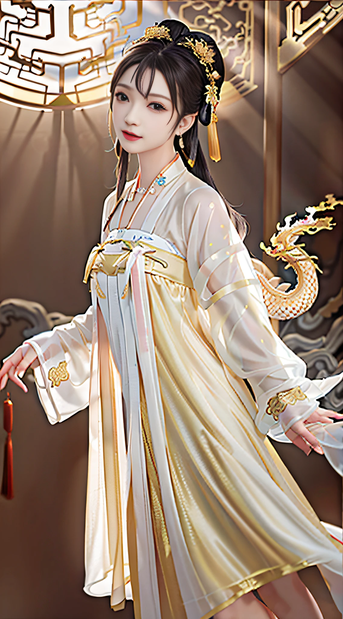 Best quality,masterpiece,high resolution,1 girl,(hanfu:1.2),(gold thread stitching:1.1),White translucent silk dragon robe,(Translucent Silk Dragon Robe:1.3),(Inside the ancient Chinese palace:1.2),(smile:1.1),lips,dress,(hair accessories:1.2),(Ancient Chinese dragon chair:1.3),necklace,(jewelry:1.1),long hair,Medium chest,earrings,delicate beautiful eyes,delicate eyelashes,beautiful face,upon_body,tyndall effect,(realistic:1.2),edge lighting,two-tone lighting,(high detail skin:1.2),8K UHD,DSLR camera,soft light,high quality,volumetric light,snapshot,(photo:1.1),high resolution,supreme,high resolution,detailed eyelashes,beautiful face,body,tyndall effect,two-tone lighting,(high detail skin:1.2),8k ultra high definition,soft light,high quality,volumetric lighting,candid shooting,(low angle shot:1.1),