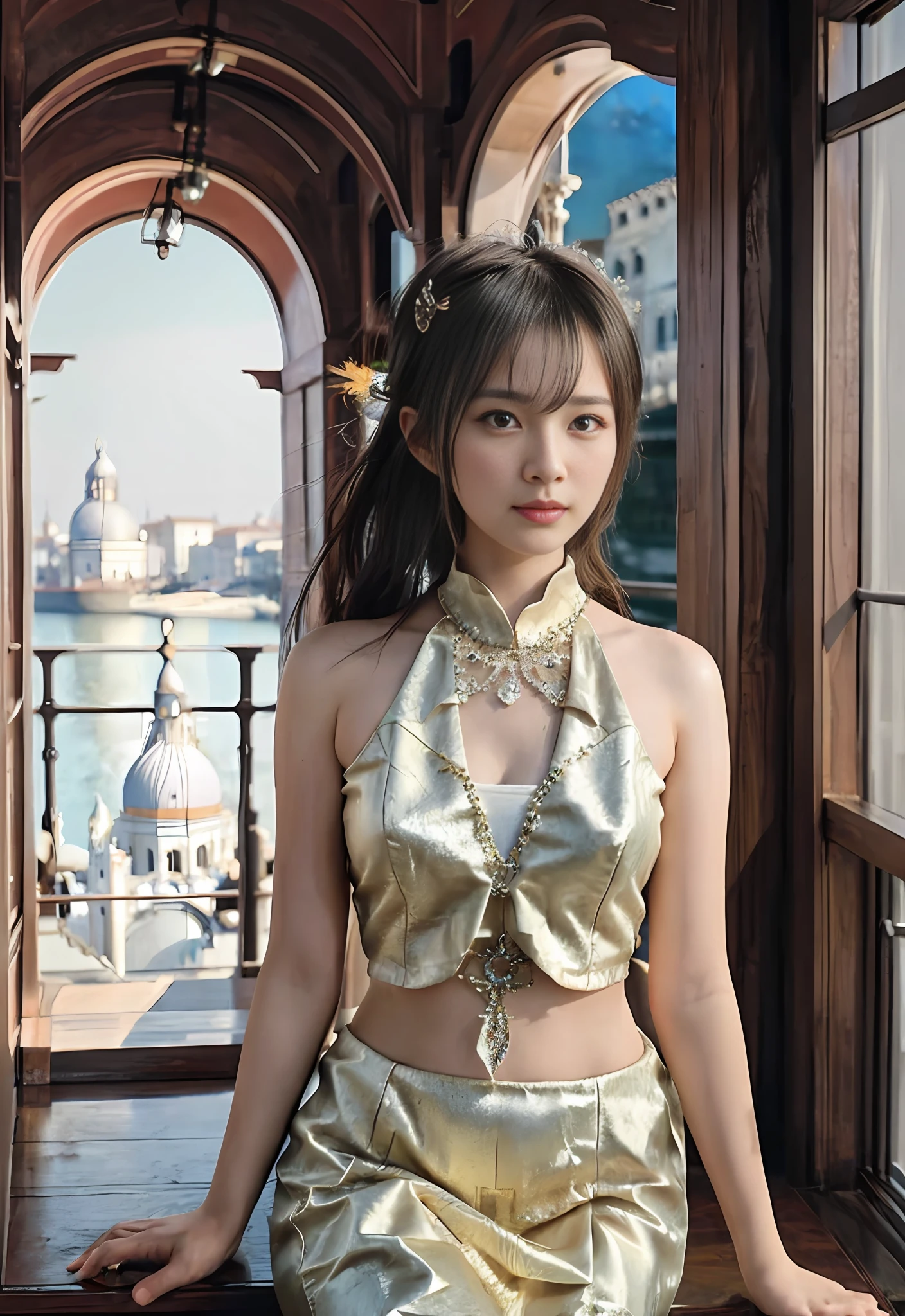 modelshoot style, (extremely detailed CG unity 8k wallpaper), full shot body photo of the most beautiful artwork in the world, stunningly beautiful photo realistic cute women, a hyper realistic ultra detailed photograph of a beautiful girl as a female 2020s dancer on the boat of 2020s Venice,(Bridge Of Sighs background),(princess eyes,shiny pupils), detailed symmetric beautiful hazel eyes, detailed gorgeous face,highly detailed, vibrant,professional majestic oil painting by Ed Blinkey, Atey Ghailan, Studio Ghibli, by Jeremy Mann, Greg Manchess, Antonio Moro, trending on ArtStation, trending on CGSociety, Intricate, High Detail, Sharp focus, dramatic, photorealistic painting art by midjourney and greg rutkowski