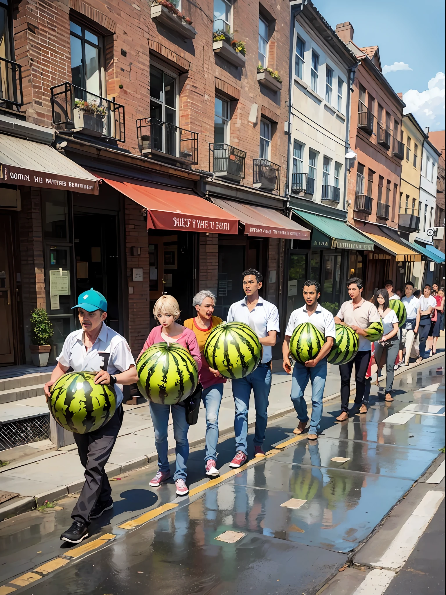 A group of angry men walked down the street with watermelons in their hands.