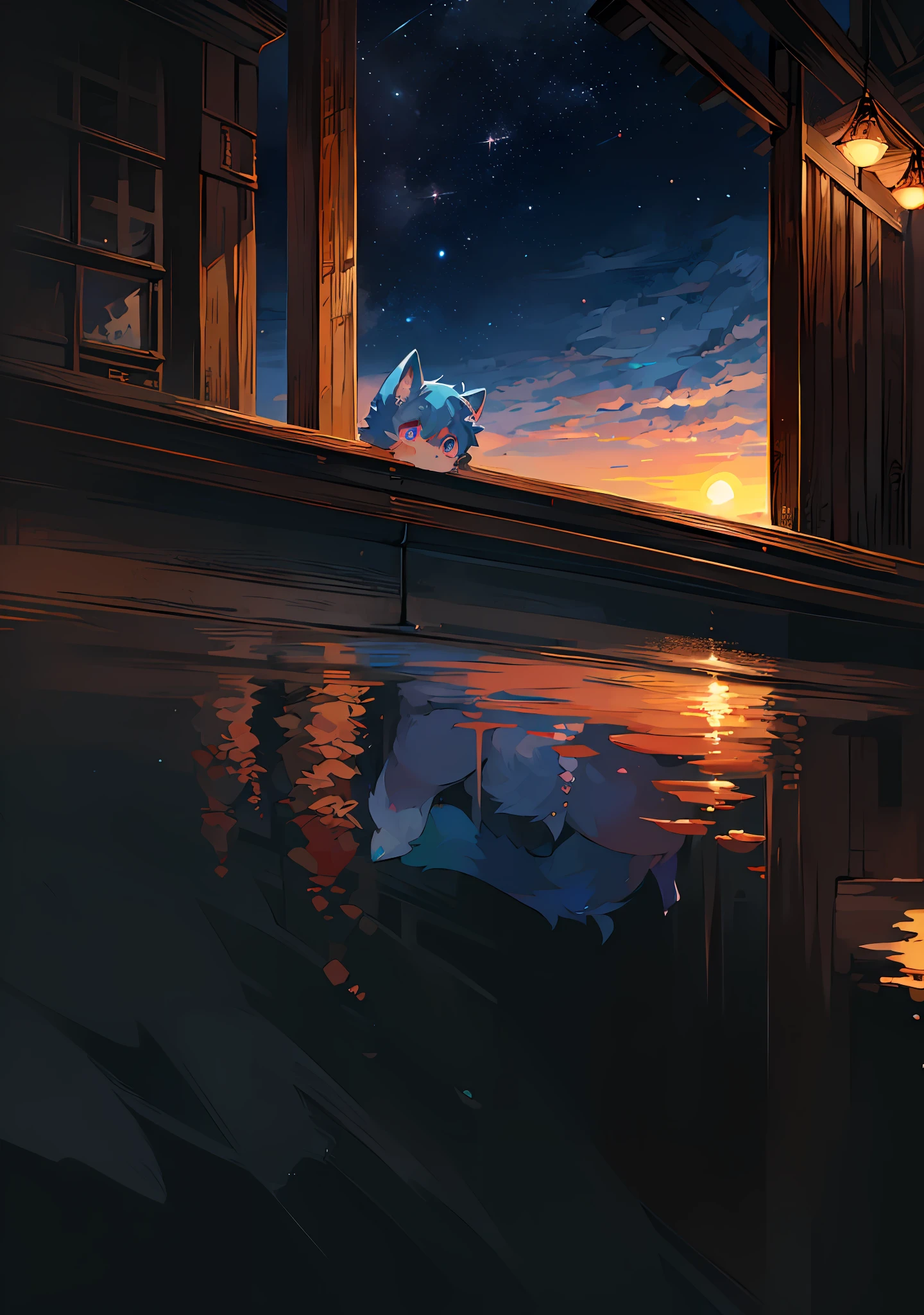 (Marine Environment: 0.8), Masterpiece, High Quality, Abstract Res, Digital Painting\(artwork\), by Dagasi, Yupa, Kiyosan, (Anthro, Fluffy Fur, Character Focus: 1.1), Anthro Male Cat, Short Hair, Portrait , bright eyes, panorama, character focus. (Detailed background: 0.7), Solo, Furry, Furry male, Anthr, (full body fur, fluffy tail, blue fur, blue-pink eyes, blue hair: 1.2), (bear), (bright, night, sunset, starry: 1.1)