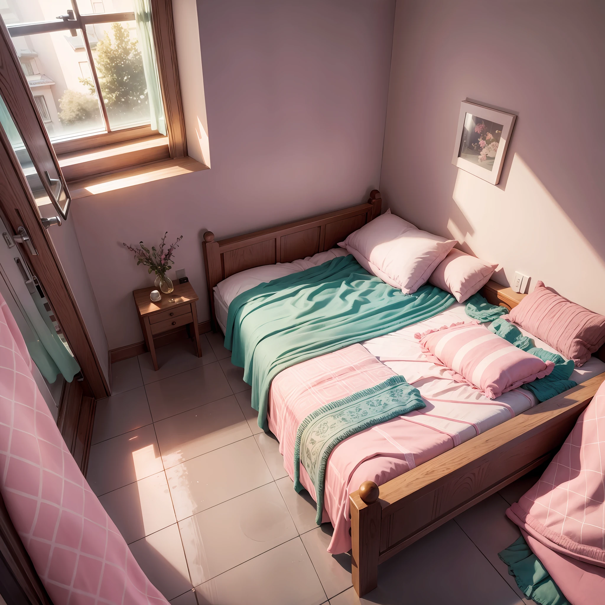 Pink bed inside the house Stockings on bed Window door