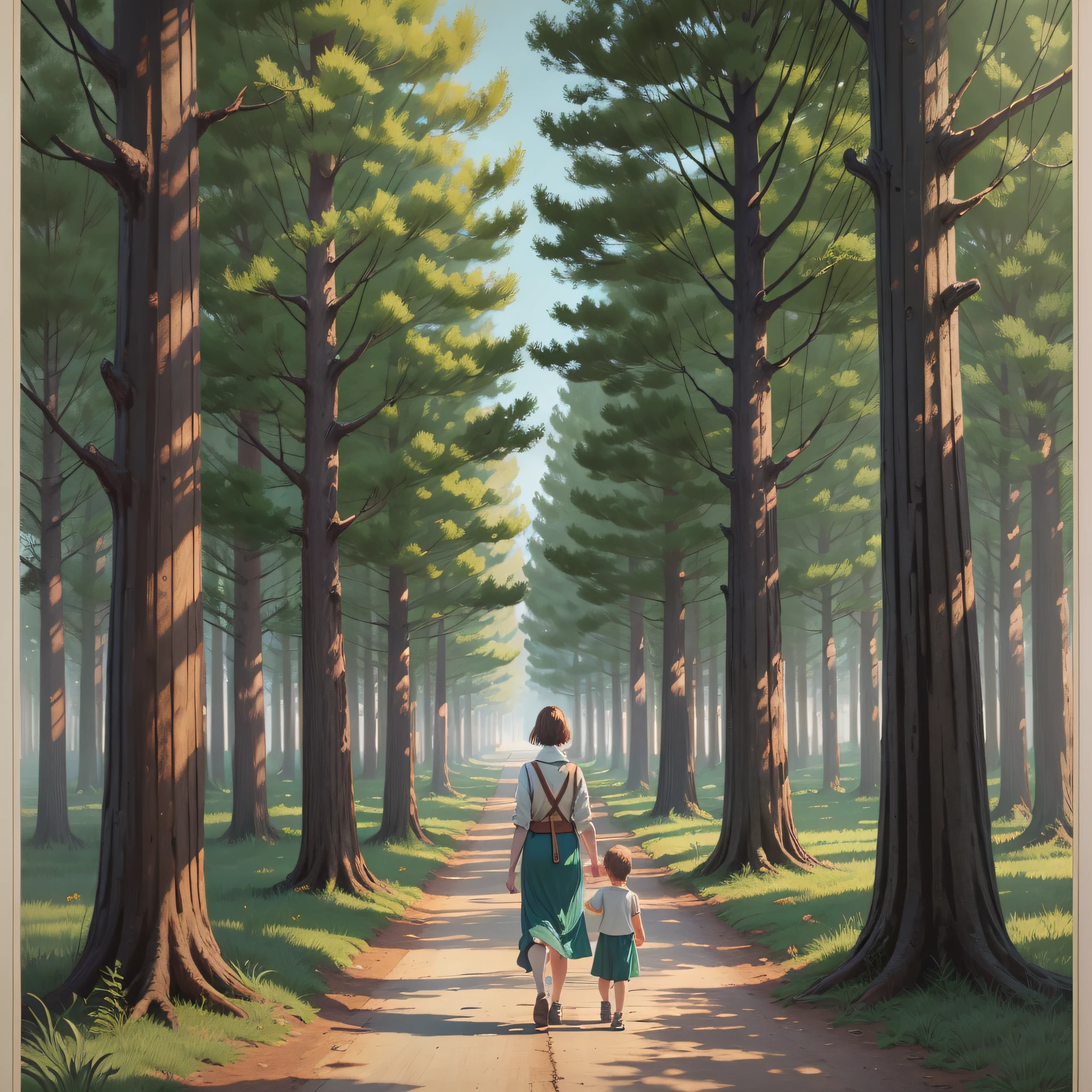 Woodcut-style image of a child and his mother walking on a road surrounded by trees. --auto --s2
