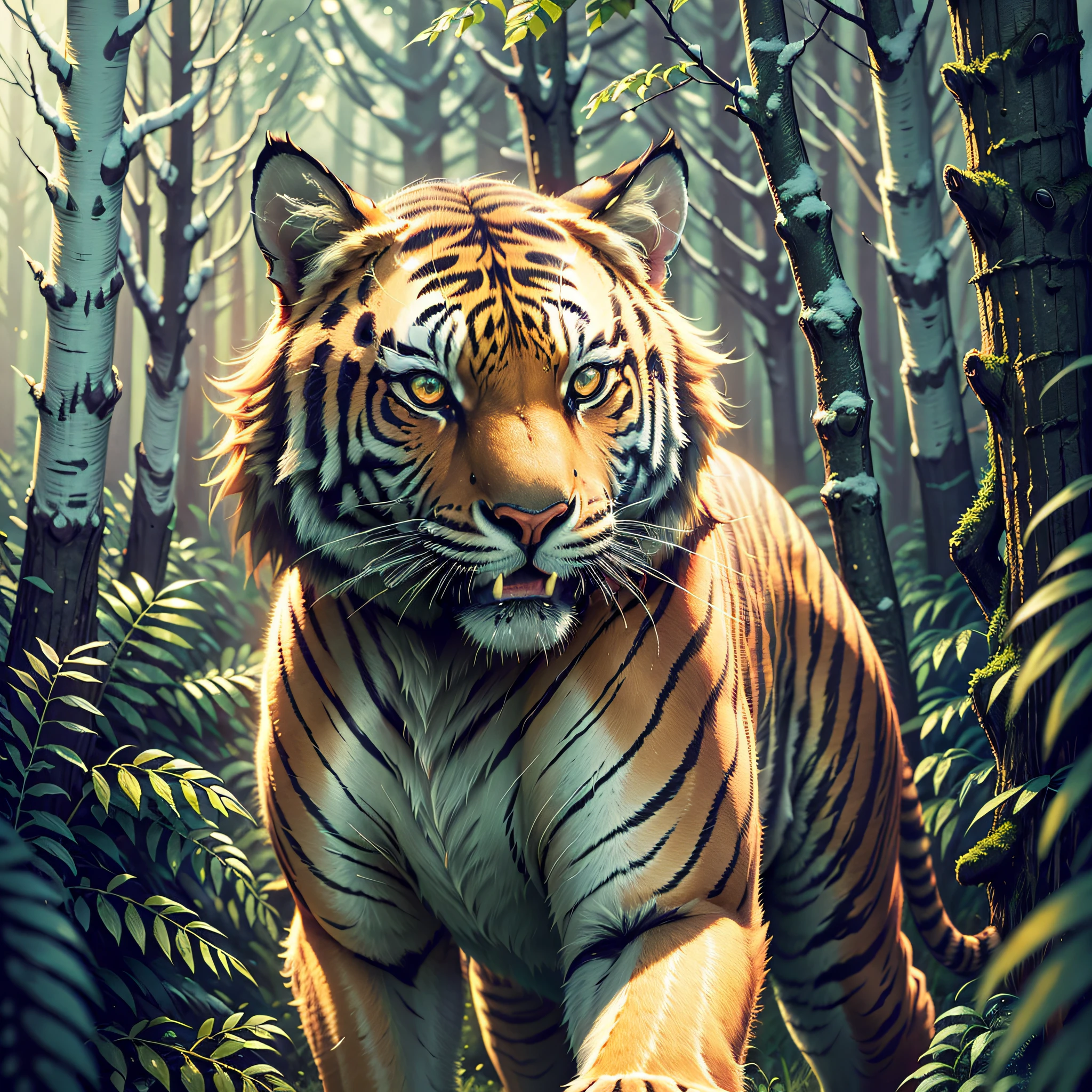 closeup a tiger in a dark forest, red glowing eye, black and yellow stripe in body, thunderstorm atmosphere, 4k photo 3d, ultra HD --auto --s2