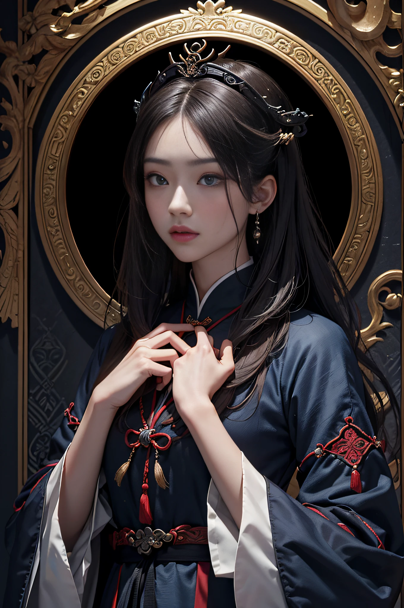 Official Art, Unity 8k wallpaper, super detailed, beautiful, beautiful, masterpiece, best quality,
dark, atmospheric, mystical, romantic, creepy, literature, art, fashion, ming and qing dynasties, decoration, intricate, ironwork, embroidery, contemplation, emotional depth, supernatural, hanfu
1 girl, solo, neck, bust composition