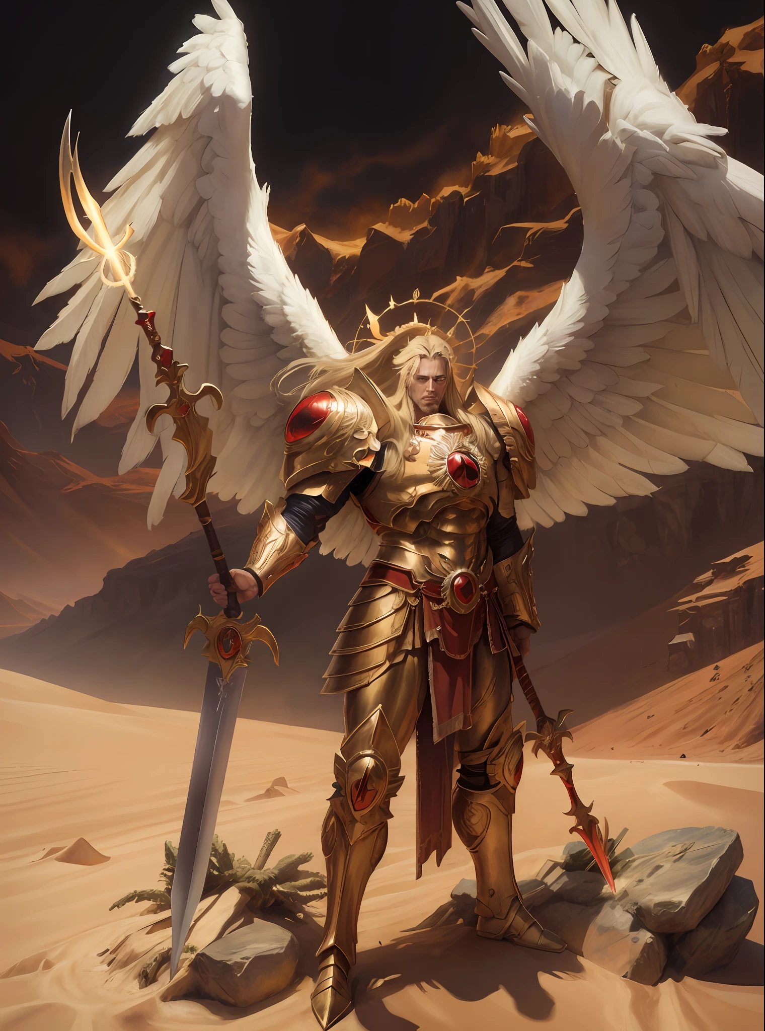 8K masterpiece, detailed, realistic, digital art, octane render, trending on artstation, action SHOT, movie poster,
multipleman, angelic features , 28 years old, tall stature, battle aged, ((solo:1.5)), full body, blonde hair, blue eyes, long hair,
full armor, power armor, laurel wreath, glowing halo, multiple wings, pauldron, angel, animal pelt, sword, spear,
blood, flame, destruction, desert wasteland, war background, dueling enemy, hectic battle,
(sanguinius),