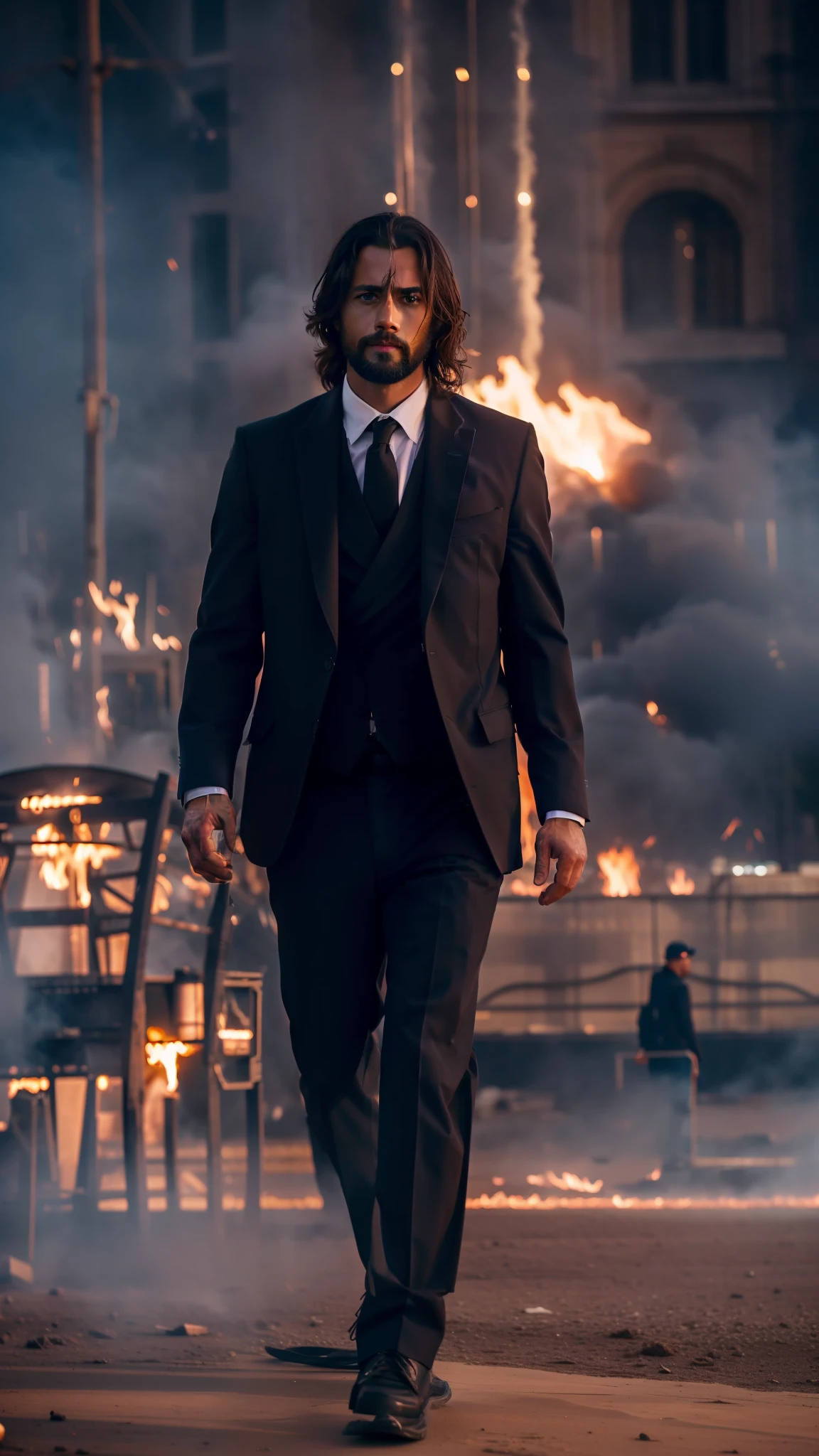 cine still action portrait, a stylish man walking away from a blast, fire and dust, photorealistic, ultra realistic, shot on Canon EOS R5, 45-70mm, F /2.8, depth of field, bokeh-style, balanced color schemes, dramatic composition,looking at the camera