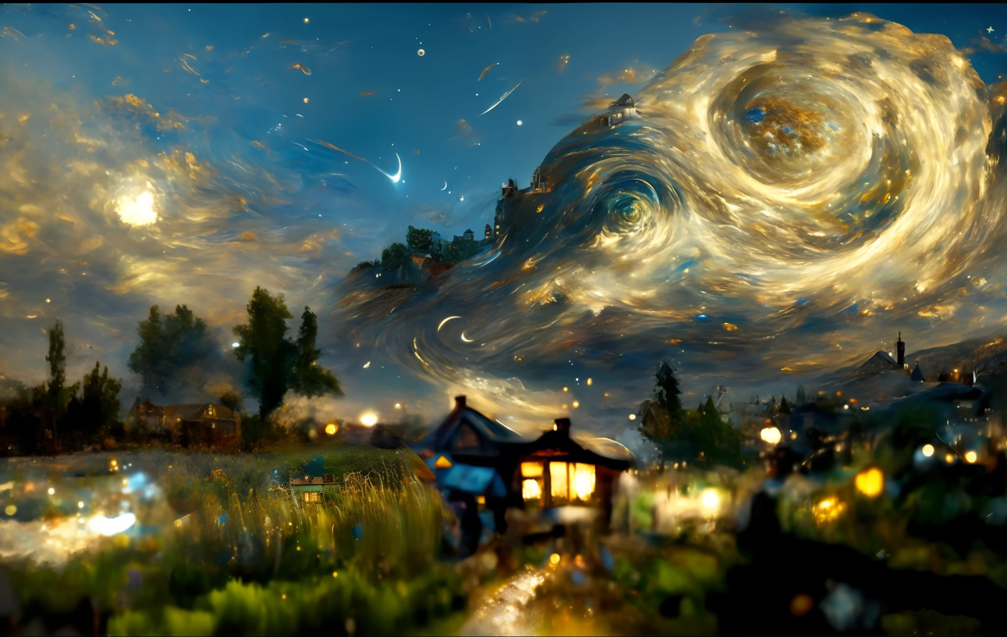 starry night scene with a house and a house in the foreground, 4k highly detailed digital art, highly detailed surreal vfx, epic surrealism 8k oil painting, swirling scene, beautiful art uhd 4 k, 4k detailed digital art, detailed painting 4 k, detailed dreamscape, dreamlike digital painting, science fantasy painting, extremely detailed digital art