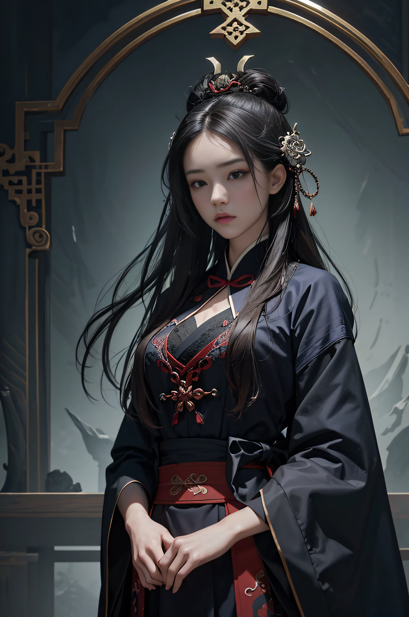 Official Art, Unity 8k wallpaper, super detailed, beautiful, beautiful, masterpiece, best quality,
dark, atmospheric, mystical, romantic, creepy, literature, art, fashion, ming and qing dynasties, decoration, intricate, ironwork, embroidery, contemplation, emotional depth, supernatural, hanfu
1 girl, solo, neck, bust composition