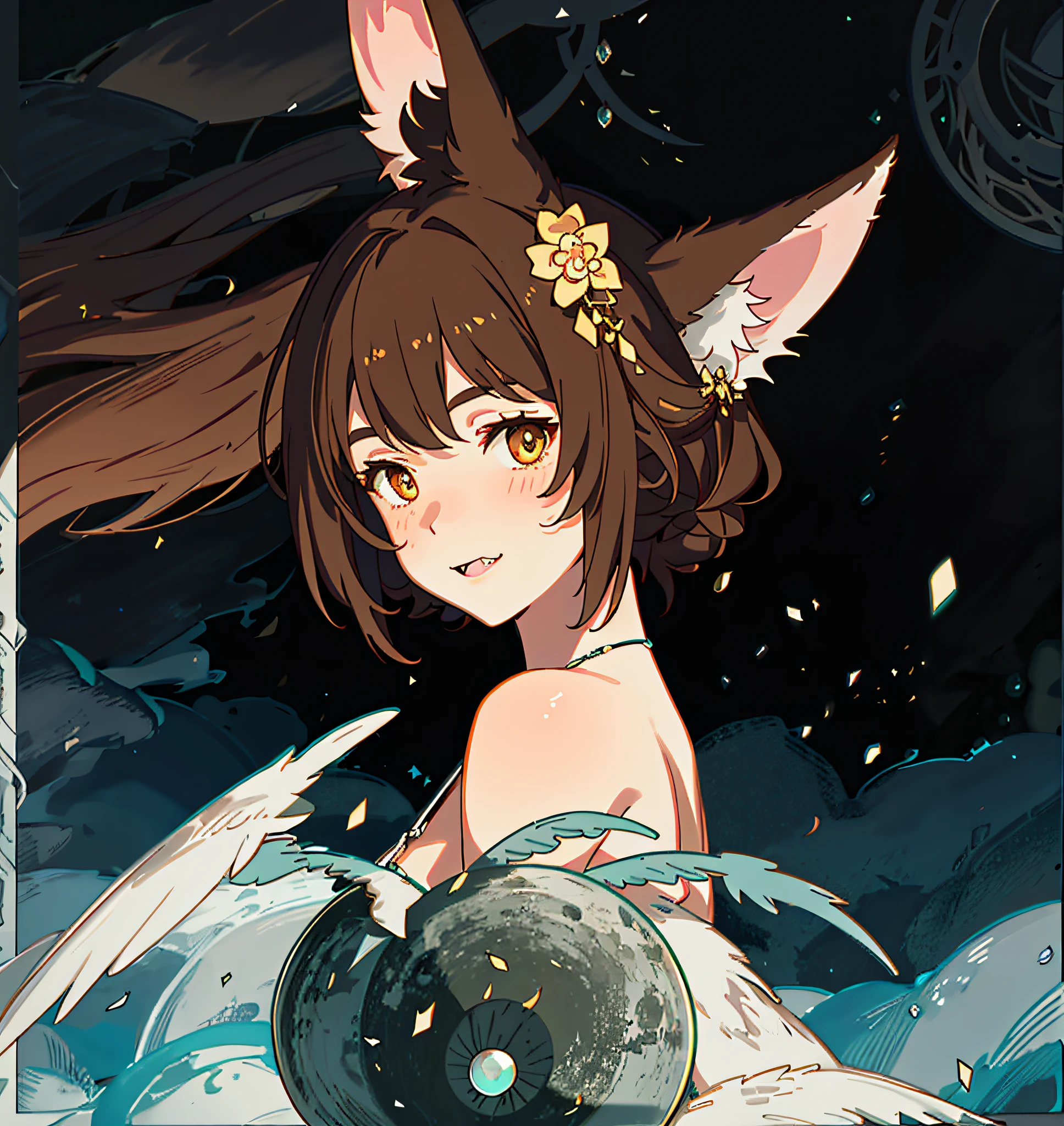 longeyelashes, solid circle eyes, fake animal ears, light smile, ear blush, fang, brown hair, anaglyph, pov, atmospheric perspective, high detail, cinematic lighting, depth of field, chiaroscuro, high details, textured skin, high quality, highres, 16k