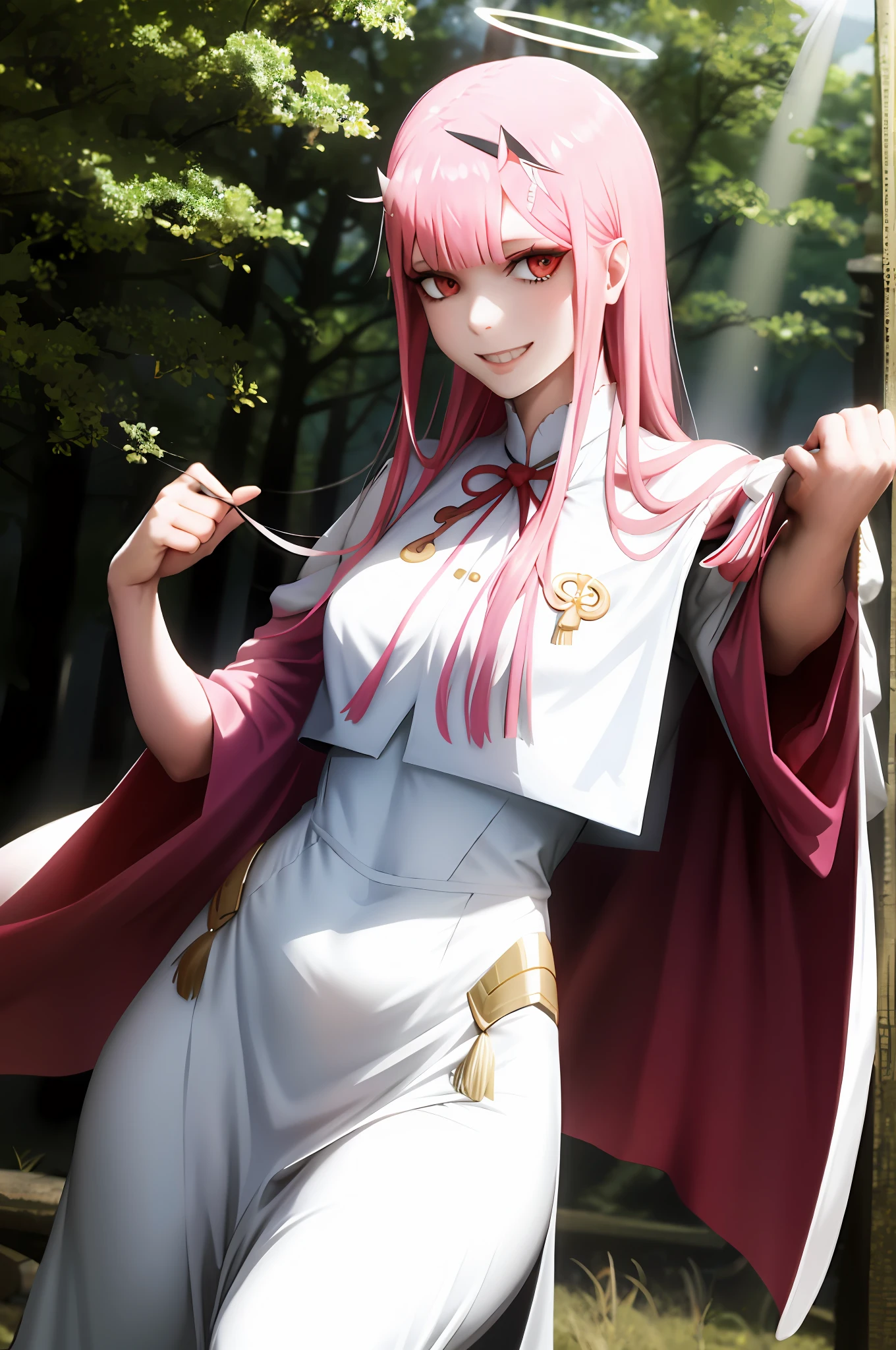 long dress, oni girl, zero two, white dress, white dress, angel halo, rainbow halo, full body, portrait, medium breast, walking, forest, coat, vest, buttlern long skirt, Victorian fabrics, smile ,happy