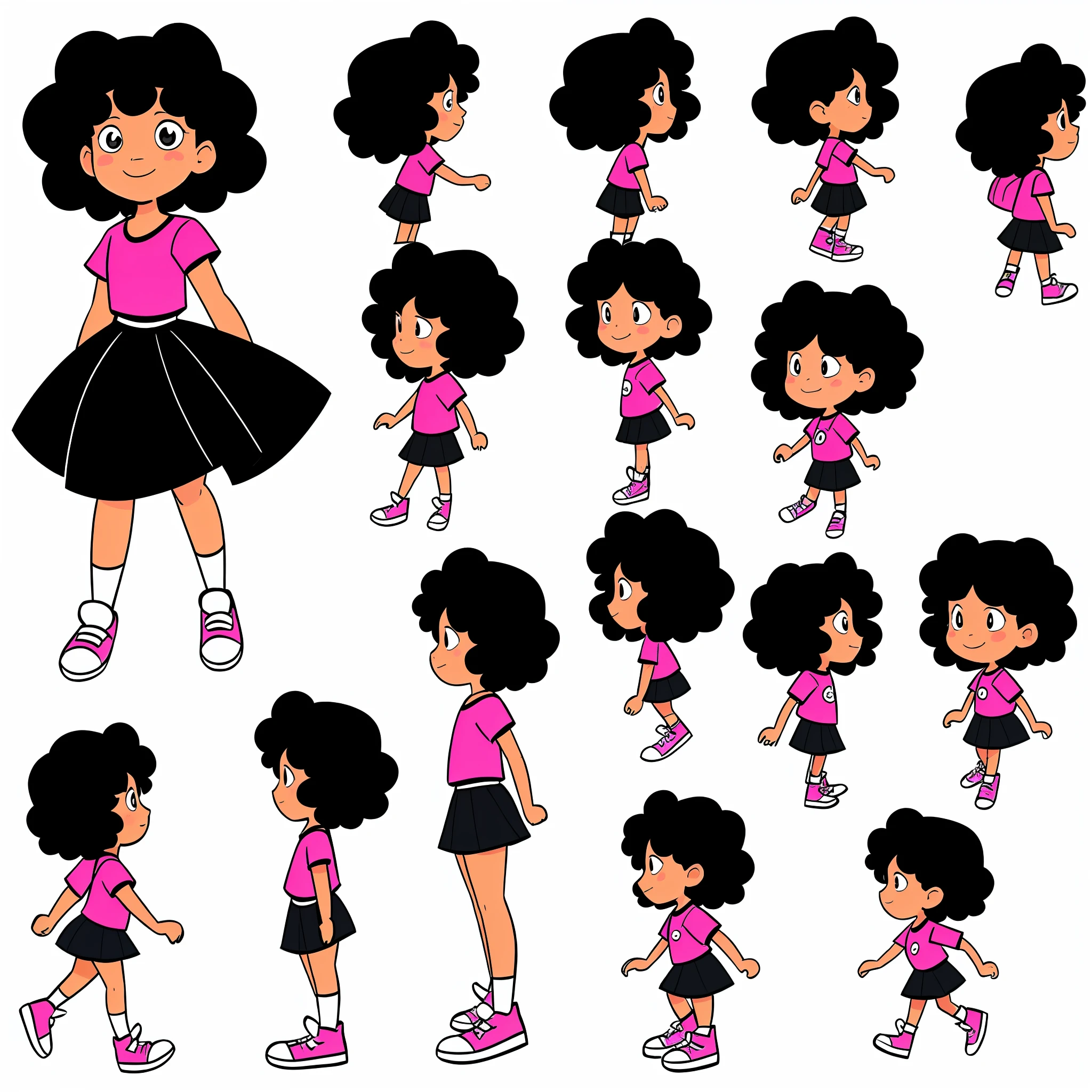 Create a sprite game animation with a small black girl with curly hair, nice, happy and beautiful. The character must be alone in several different positions, in profile, on a side scroll. She should wear a modest, handsome outfit and have an adventurous backpack, as well as pink sneakers. The animation should have a classic 2D style, frame by frame, with 4 scenes. In the first scene, the girl must be standing in profile. In the second scene, the girl must have one of her legs moving, starting to walk. In the third scene, the girl's other leg must move, making the motion of walking. In the fourth scene, she must stand still again. Character in sequence, walking, movement. Running, stopping, running, walking and jumping.