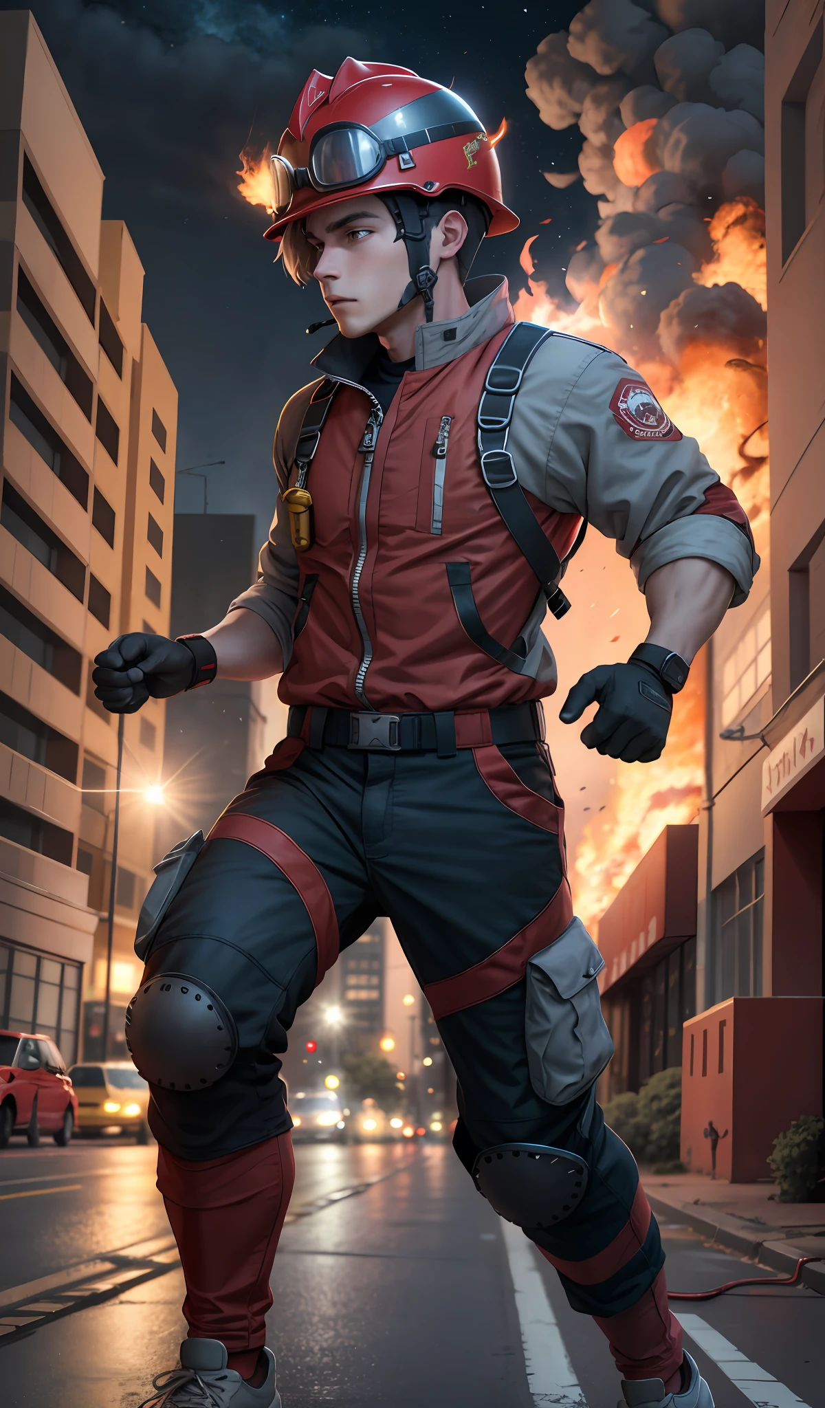 firefighter, realistic, 4k, cinematic, anime, boy, cute, 22 years old, charismatic, helmet, protective pants, red and gray themed clothes, running towards the camera, full throttle, building on fire, night