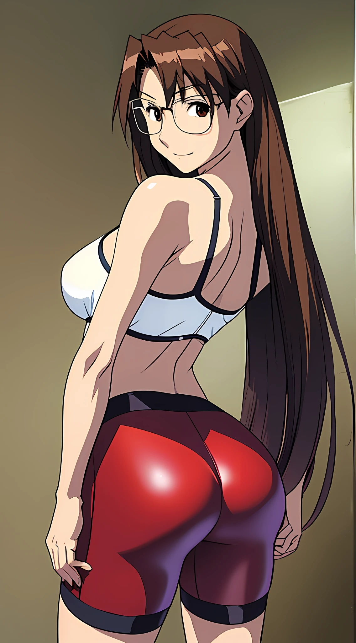 Koyomi Mizuhara, Brunette hair,long hair, glasses, medium breasts,bra underneath, jersey, medium ass, biker shorts/high cut thong, back of view, skinny body, healthy figure, looking back, smirking look, photo-shoot, sensual poses, standing, touching the tip of her ass,