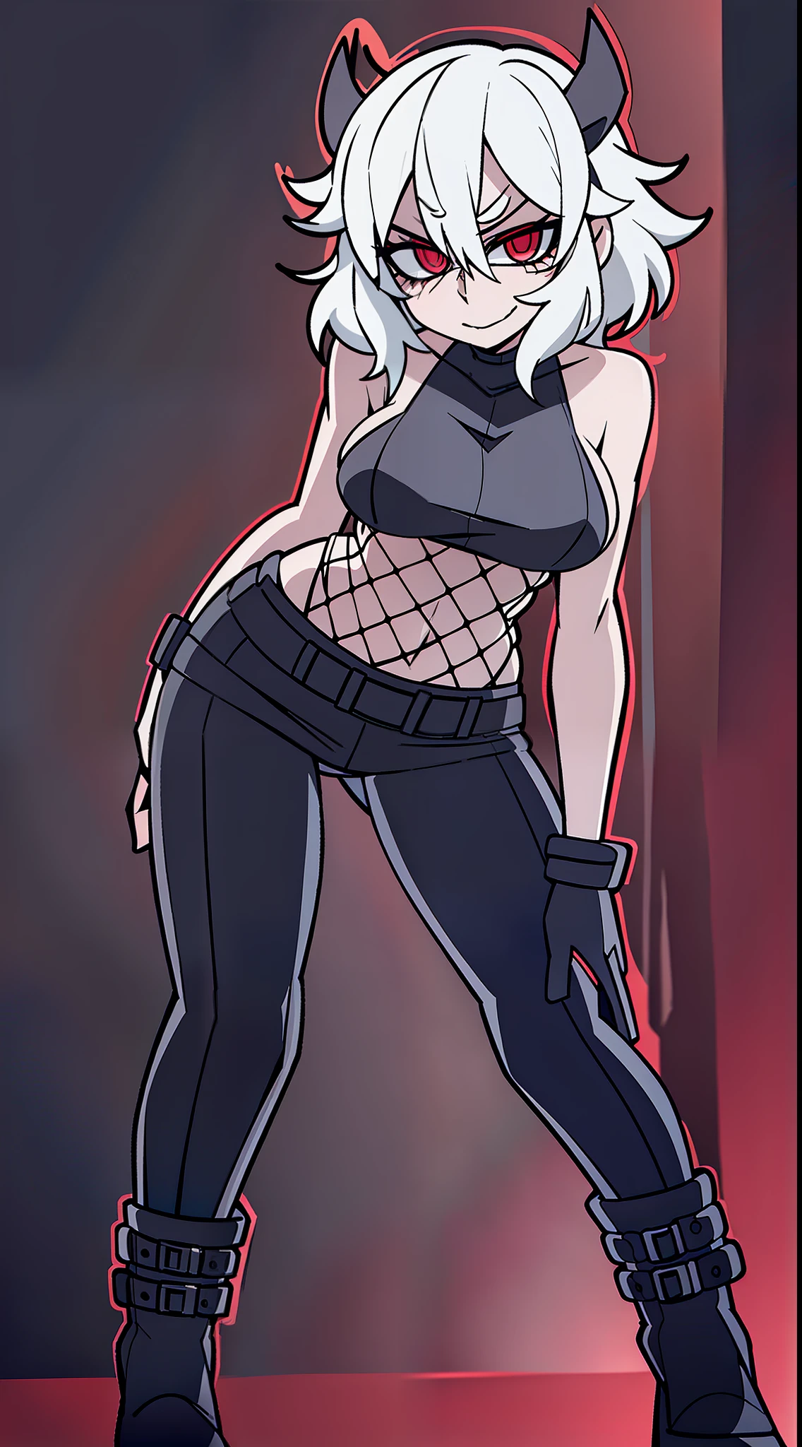 1girl, look at viewer, cute, breast, full body, Helltaker, detailed lighting, detailed body, detailed hair, detailed, masterpiece, red eyes, glowing eyes, night, torn red tank top, black mini-skirt, Fishnet stockings, black boots, black horns, short messy hair, white hair, smug smile, seductive look, half-closed eyes, (((Nightclub, neon lights)))