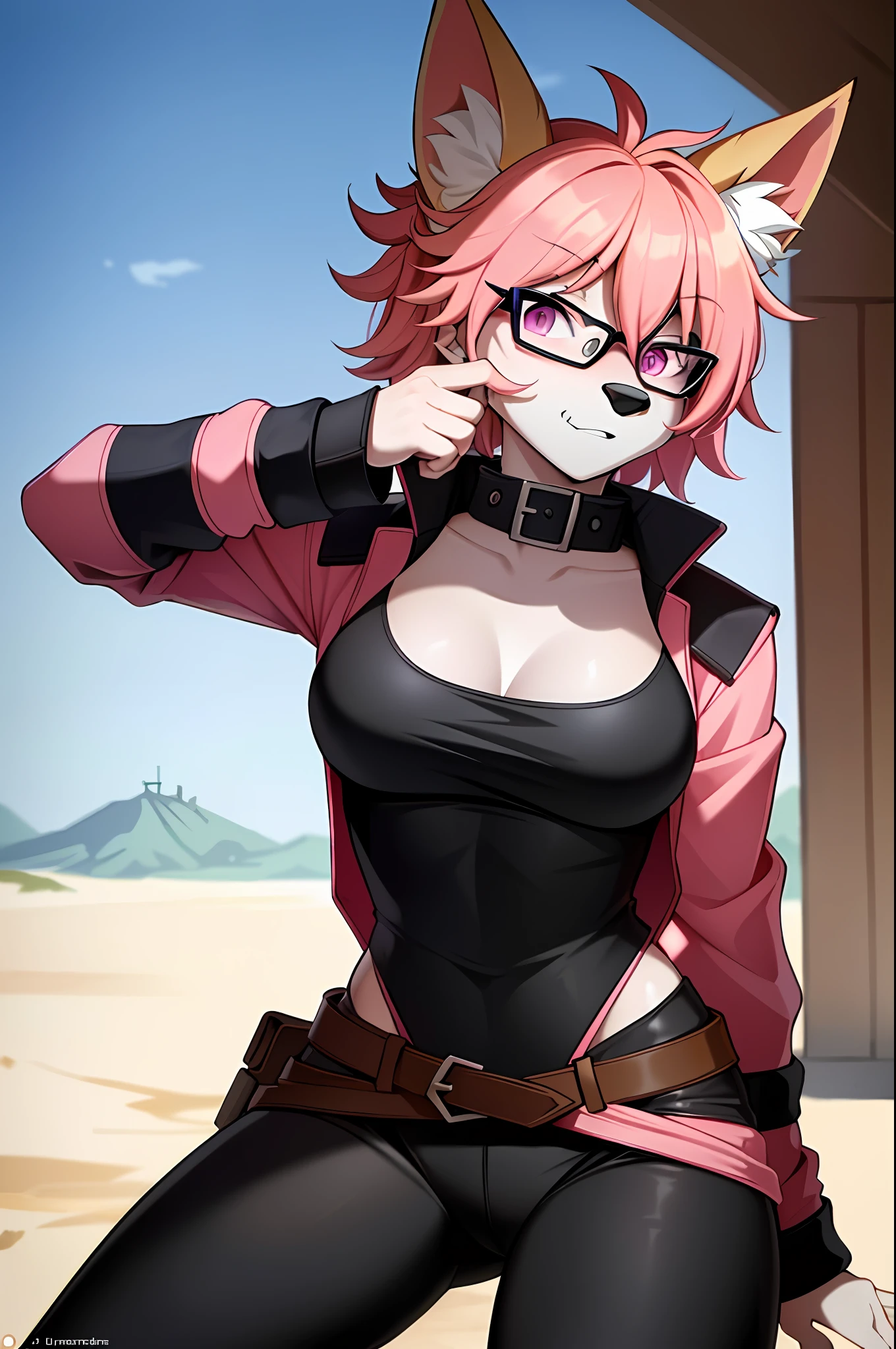 (masterpiece, best quality)), (anthro furry:1.3, muzzle:1.2, anthro:1.3, furry:1.2, closeup:1.2, female solo:1.2, (wearing Russian military coat) military pants, wearing glasses, fox spiraled in the colors of funtime foxy,five nights at freddy,white skin pink details, pink eyes, sexy position, desert ambient place,tank blimdado behind