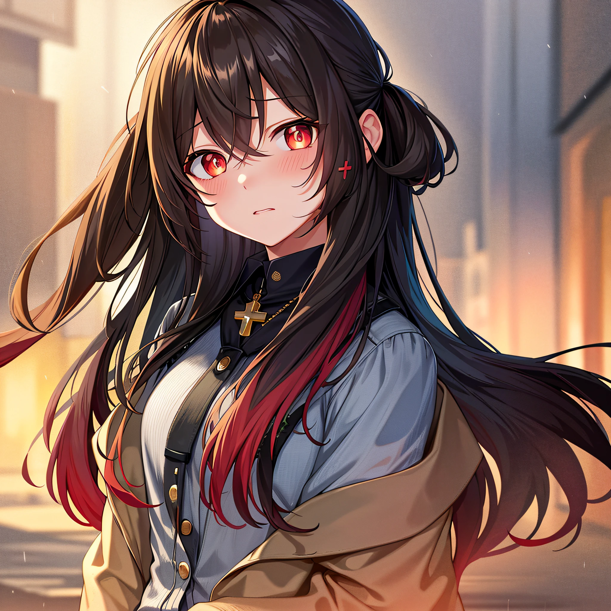 {{head portrait}}, {girls' frontline}, game cg, 1girl，shocked eyes, rain, messy hair, colored tips, long hair, bright pupils, annoyed, cross necklace, red eyes, on a desert, two-tone hair, hair behind ear, hairclip