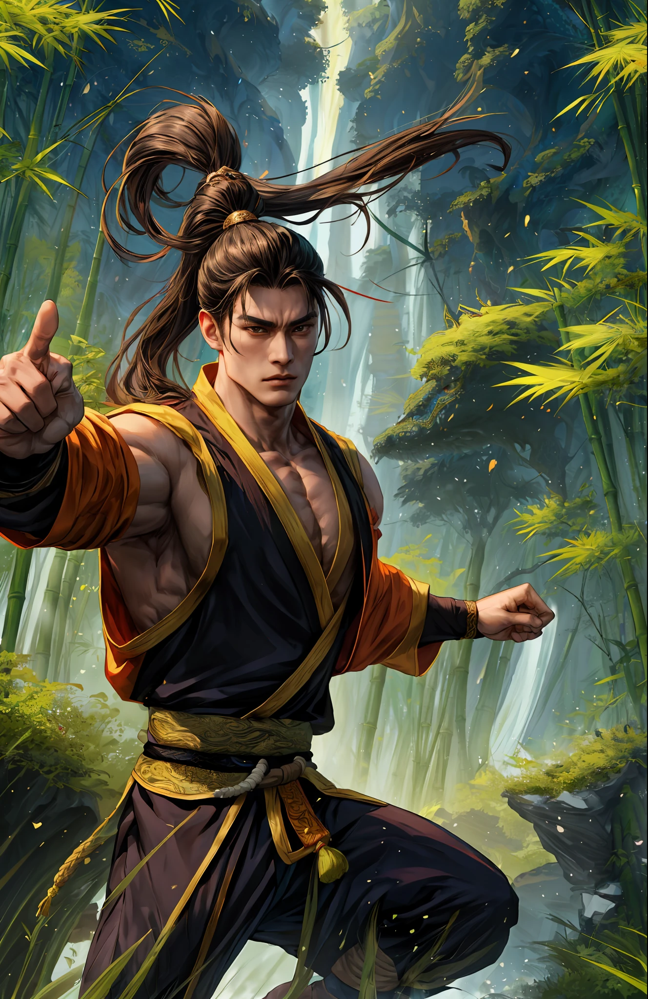 (Absurdres, Intricate Details, Masterpiece, Best Quality, High Resolution, 8k), 1 male, pretty boy, asian, mature, aged up, handsome, tall muscular guy, broad shoulders, ponytail hair, dark brown eyes, finely detailed eyes, and detailed face, looking at the viewer, solo, (style-swirlmagic:0.7), (full body:0.6), (Chinese fantasy theme:1.1), hair flowing in the wind, martial artist, dynamic pose, fighting stance, clenched fist, fingerless gloves, wrist wraps, dragon-themed clothes, monk robes, bamboo forest in the background, swirling floating particles, dynamic composition, mystical eastern medieval atmosphere, Depth of Field, VFX.