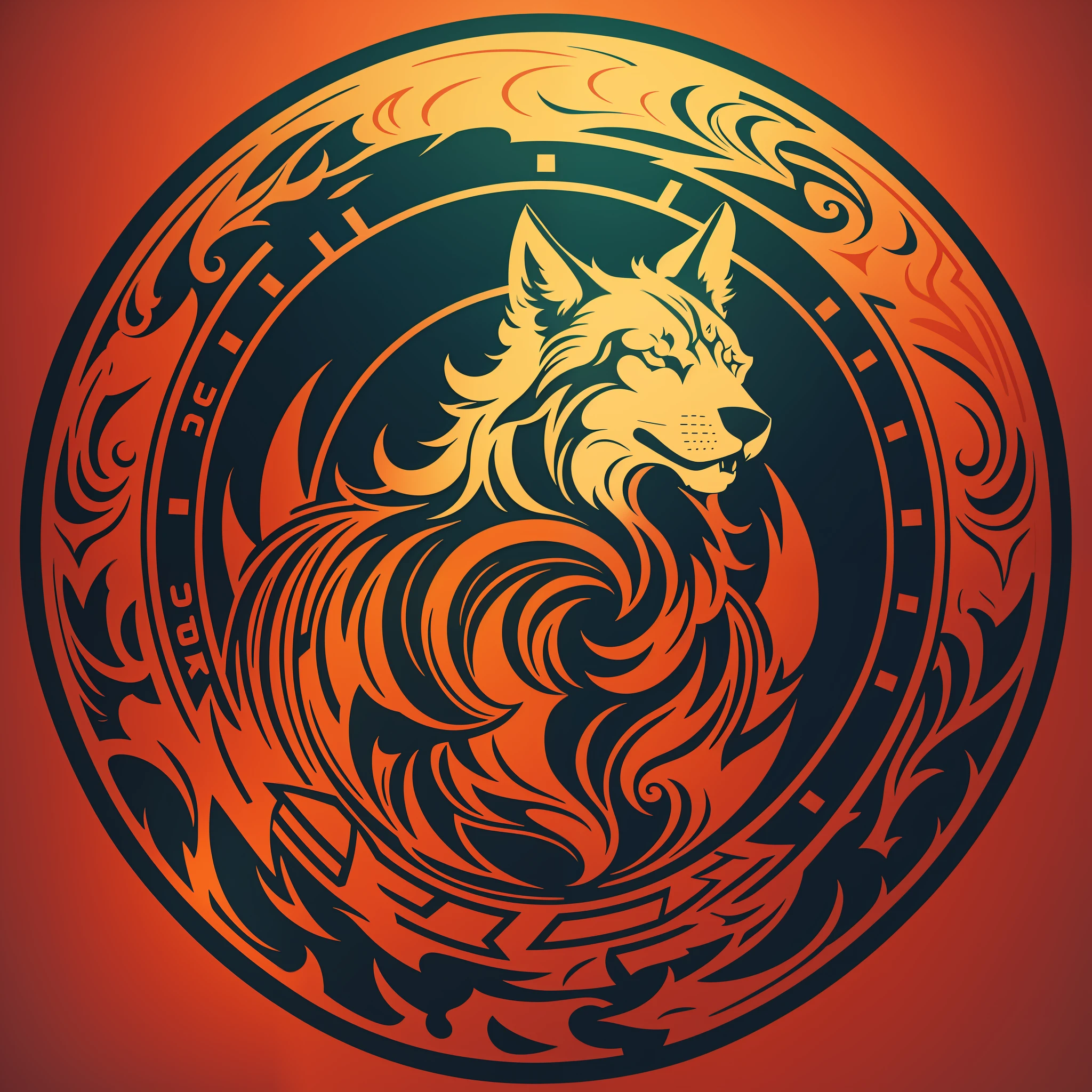 [Golden Wolf] heraldic silhouette, logo masking style illustration, Dan Mumford, Greg Lutkowski, James Jean, black background, fantasy art, mysterious, realistic, majestic, rich vivid colors, high contrast, seamless water brand, art station, deviant art, dribbling, red bubble, tea public, Sharp focus, simple, hyper detail, detailed drawing, vectorization, outline, isometric style, 8k.