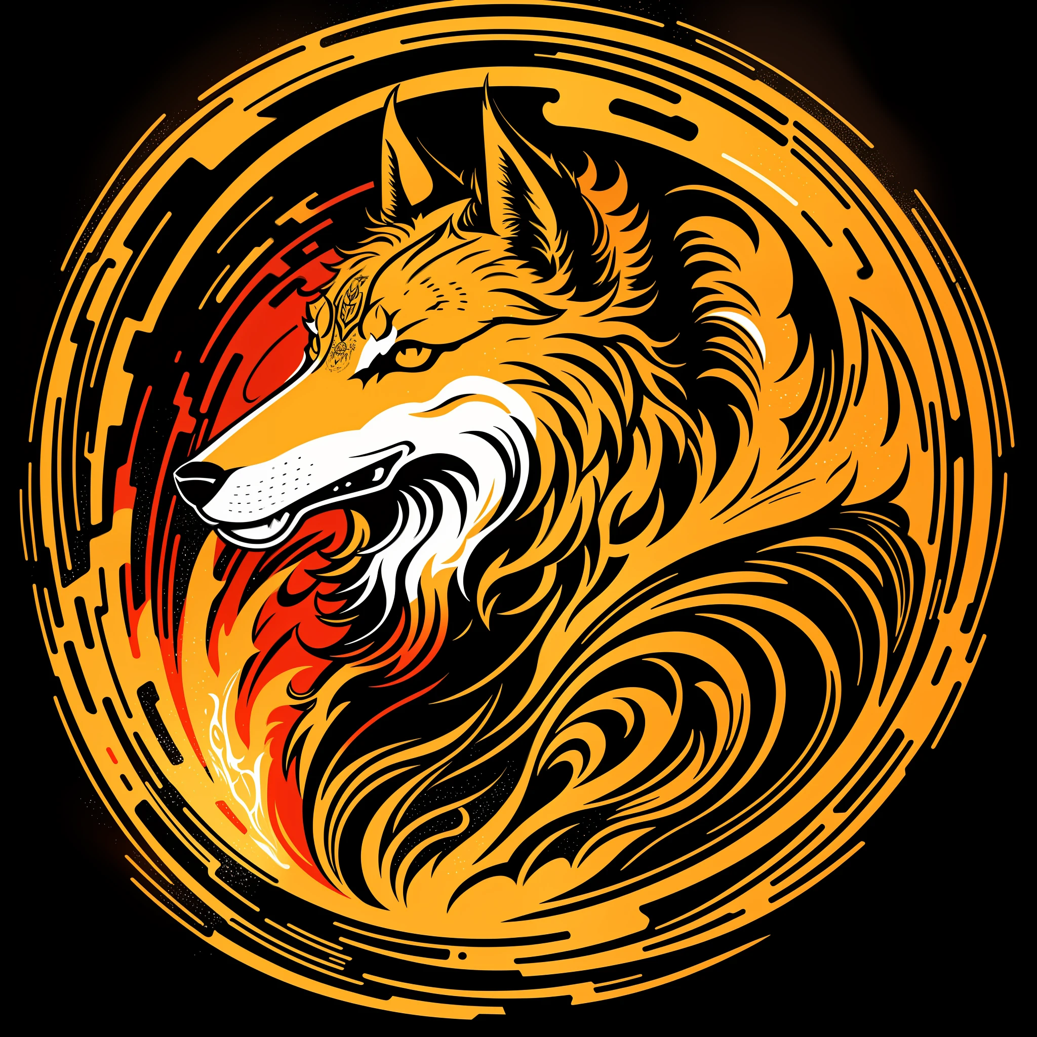 [Golden Wolf] heraldic silhouette, logo masking style illustration, Dan Mumford, Greg Lutkowski, James Jean, black background, fantasy art, mysterious, realistic, majestic, rich vivid colors, high contrast, seamless water brand, art station, deviant art, dribbling, red bubble, tea public, Sharp focus, simple, hyper detail, detailed drawing, vectorization, outline, isometric style, 8k.