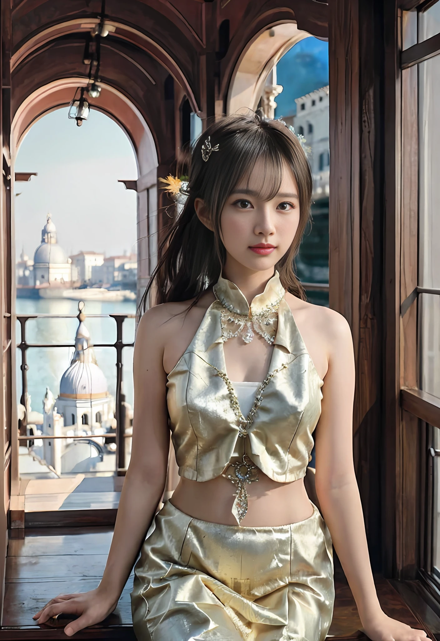 modelshoot style, (extremely detailed CG unity 8k wallpaper), full shot body photo of the most beautiful artwork in the world, stunningly beautiful photo realistic cute women, a hyper realistic ultra detailed photograph of a beautiful girl as a female 2020s dancer on the boat of 2020s Venice,(Bridge Of Sighs background),(princess eyes,shiny pupils), detailed symmetric beautiful hazel eyes, detailed gorgeous face,highly detailed, vibrant,professional majestic oil painting by Ed Blinkey, Atey Ghailan, Studio Ghibli, by Jeremy Mann, Greg Manchess, Antonio Moro, trending on ArtStation, trending on CGSociety, Intricate, High Detail, Sharp focus, dramatic, photorealistic painting art by midjourney and greg rutkowski