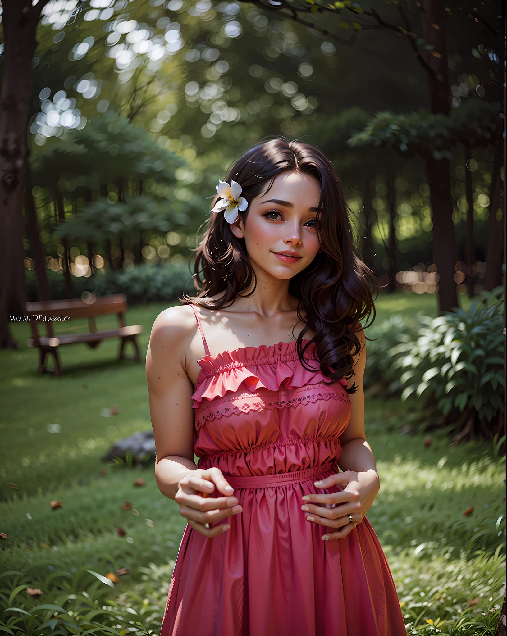 a hyper-realistic portrait of a young woman, smiling, under a tree, inside a forest, in the middle of nature, 22 years old, realistic, (lying on her side), sexy, (huge breasts 2:1), short brown hair, (hair tied with bows), curved, SFW
