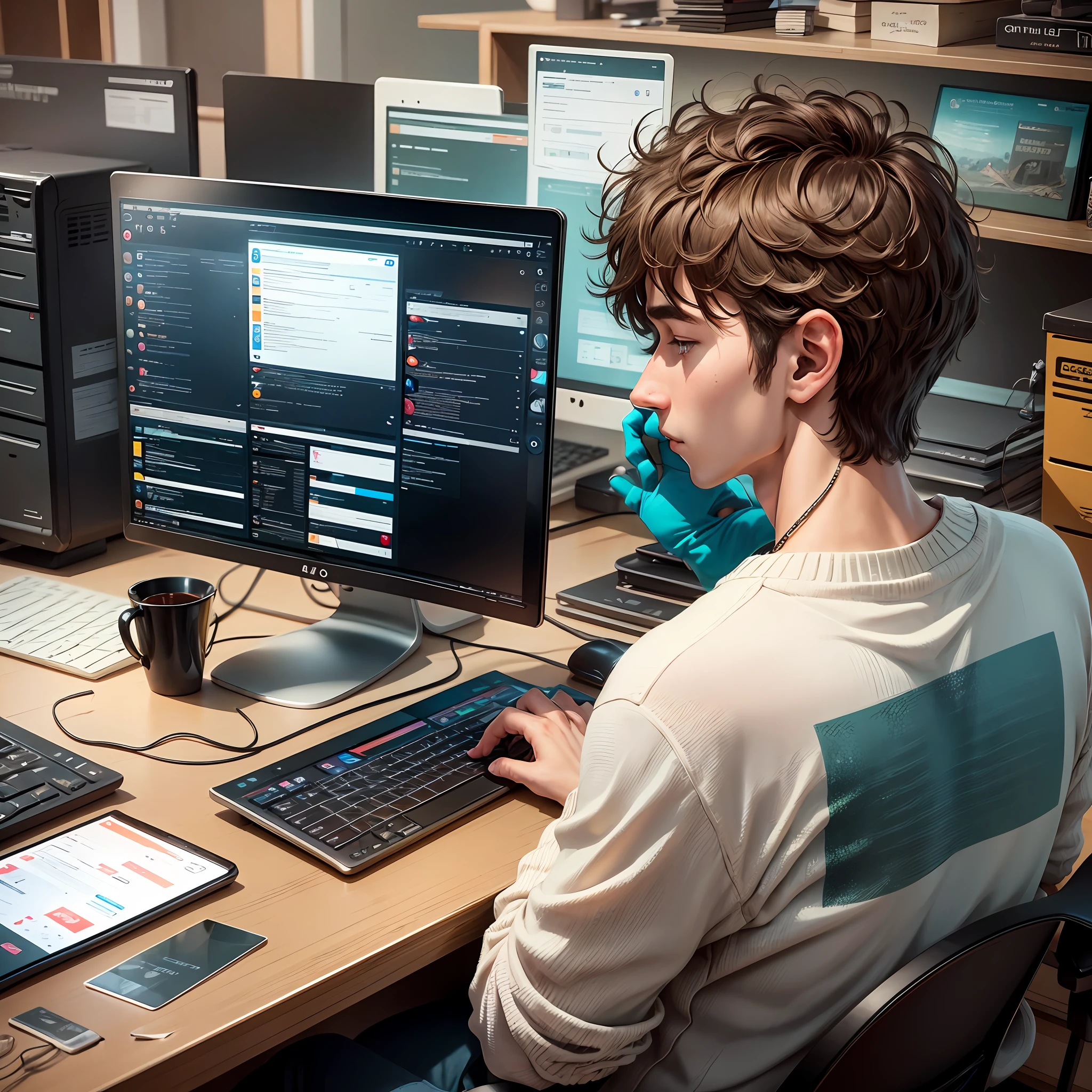 The young man thought with his head down at his computer desk --auto --s2