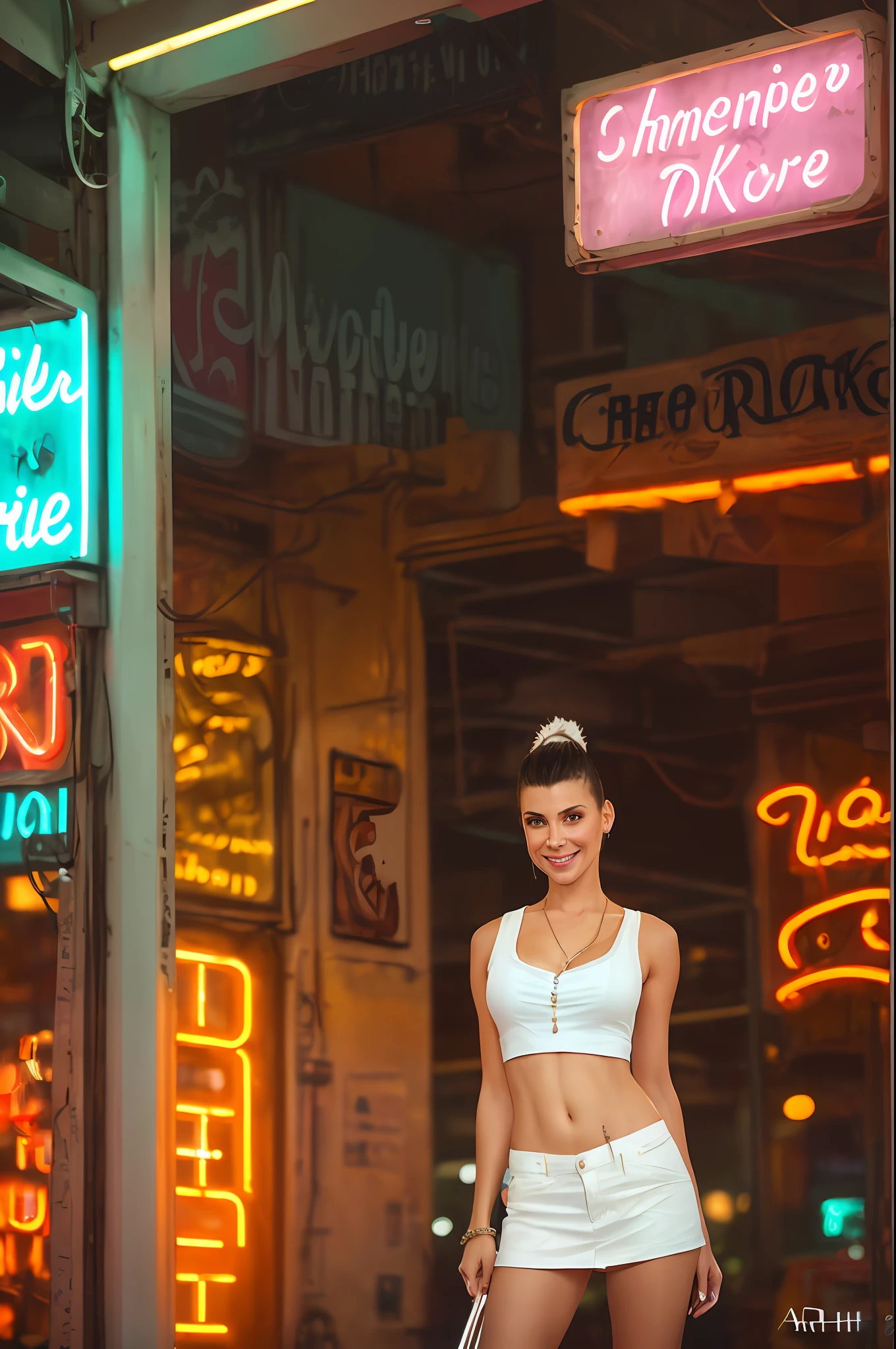 85mm portrait photo of beautiful skinny woman in white shirt, 20 yo, faux hawk, standing outside a 50s diner, flirting with camera, look at a camera, (smile:1.3), neon signs, neon light, epic realistic, faded, ((neutral colors)), art, (hdr:1.5), (muted colors:1.2), pastel, hyperdetailed, (artstation:1.5), warm lights, dramatic light, (intricate details:1.2), vignette, complex background, rutkowski