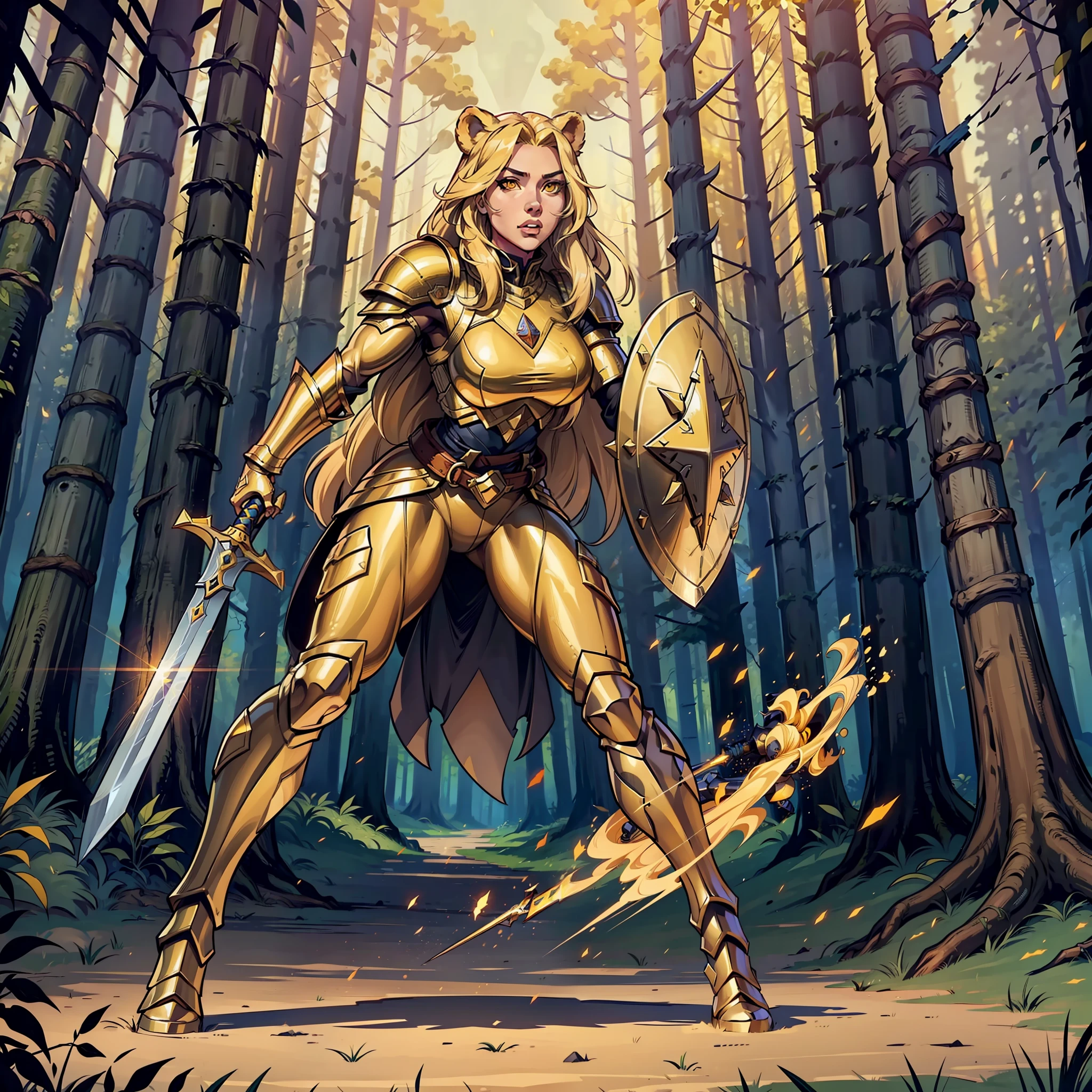 (((1 Female(one person)))) warrior, full body, long trolled hair, golden hair, bright yellow eyes, bear skin coat, pants, full armor, sword and shield, muscular, forest, shadows, bear ears, dynamic pose