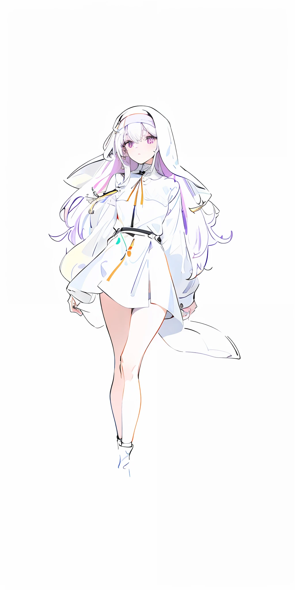 Standing, purple pupils, long white hair, nun dress