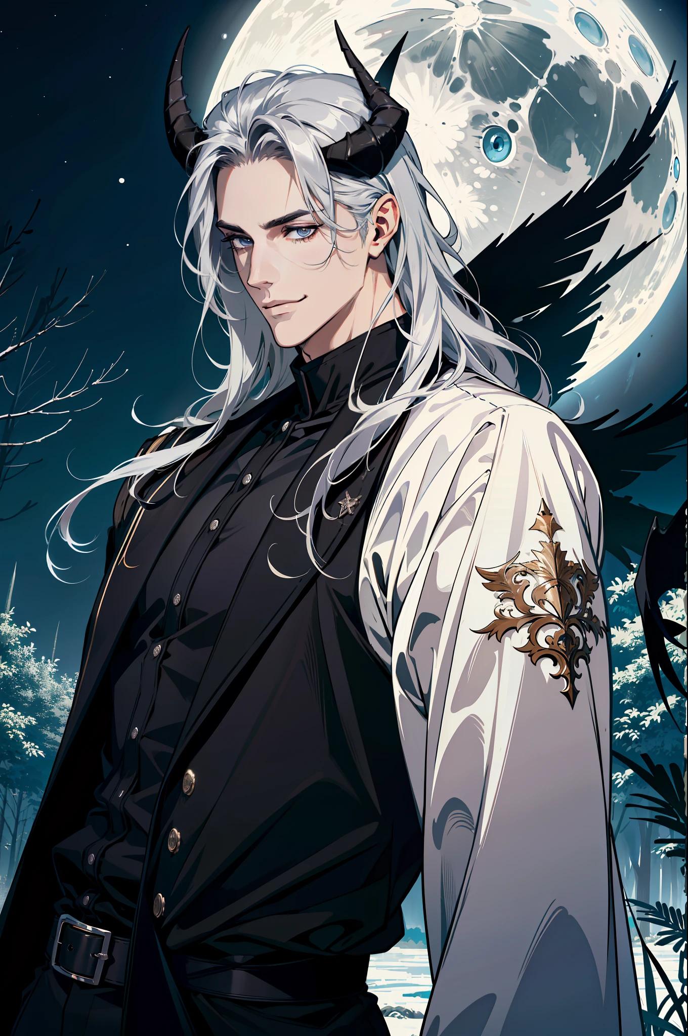 (absurdres, highres, ultra detailed), 1 male, adult, handsome, tall muscular guy, broad shoulders, finely detailed eyes and detailed face, black clothes, night, smile, dutch angle, wavy silver hair, moon, forest, black horns in his head
