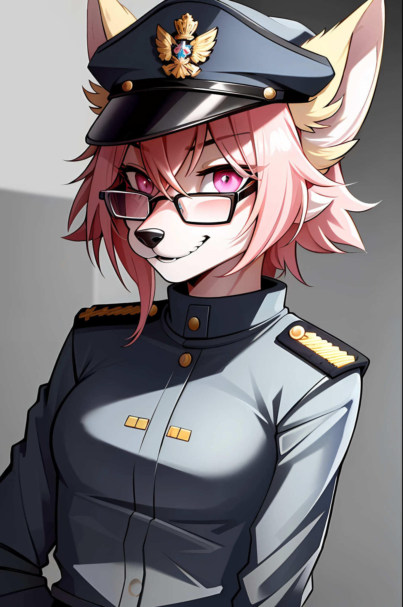 (masterpiece, best quality)), (Anthro Furry:1.3, muzzle:1.2, Anthro:1.3, Furry:1.2, closeup:1.2, female solo:1.2, (wearing Russian military coat) military pants, wearing glasses, Fox spiraled in the colors of Funtime Foxy,Five Nights at Freddy,white skin pink details, pink eyes, sexy position, deserted ambient place, Russian general military hat.