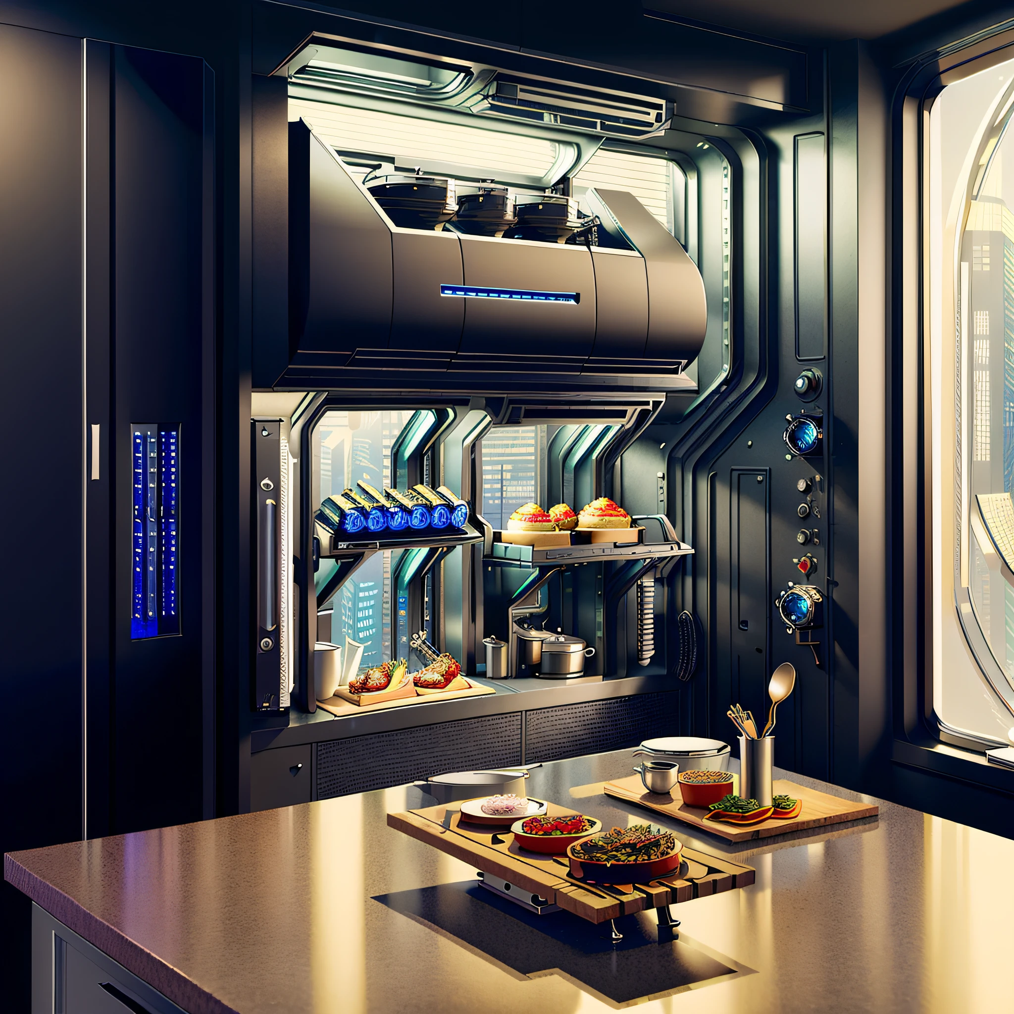 ((master piece)), Futuristic cyberpunk Kitchen, some advanced futuristic appliance and tableware, best quality, (8k, best quality, masterpiece:1.2), ultra-detailed, illustration, small_scene, 3D_scene, indoor, big window view cyberpunk city