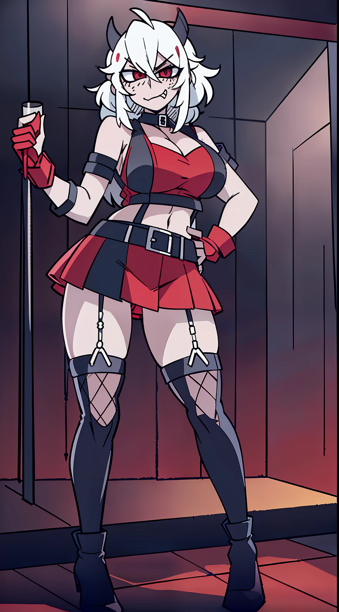 1girl, look at viewer, cute, breast, full body, Helltaker, detailed lighting, detailed body, detailed hair, detailed, masterpiece, red eyes, glowing eyes, night, ((torn red tank top, black mini-skirt, Fishnet stockings, black boots)), black horns, short messy hair, white hair, smug smile, seductive look, half-closed eyes, (((Nightclub, neon lights)))