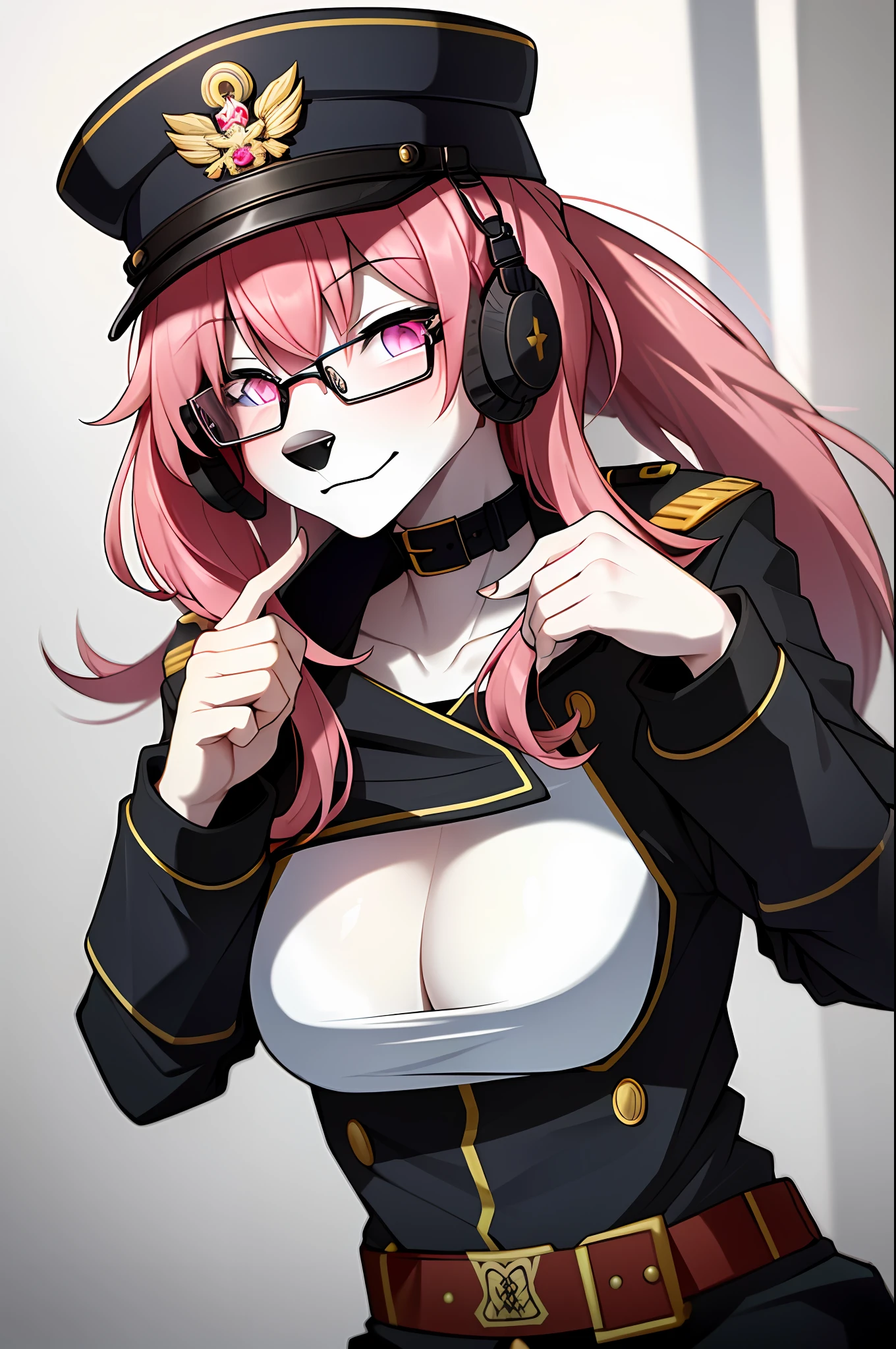 (masterpiece, best quality)), (Anthro Furry:1.3, muzzle:1.2, Anthro:1.3, Furry:1.2, closeup:1.2, female solo:1.2, (wearing Russian military coat) military pants, wearing glasses, Fox spiraled in the colors of Funtime Foxy,Five Nights at Freddy,white skin pink details, pink eyes, sexy position, deserted ambient place, Russian general military hat.