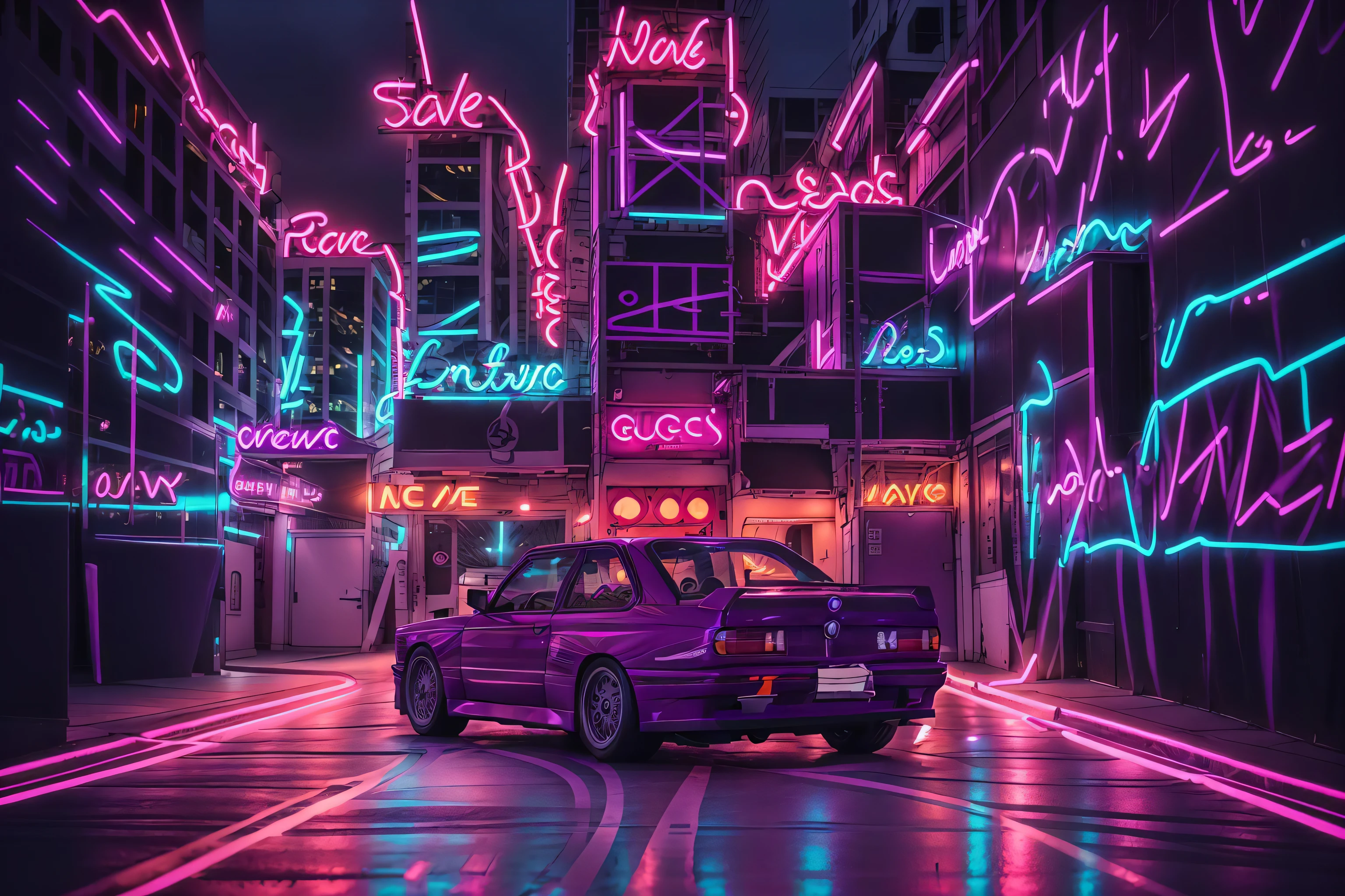 purple BMW E30 car in a neon city, high quality photograph,sharp focus,bokeh,ligthing effects,