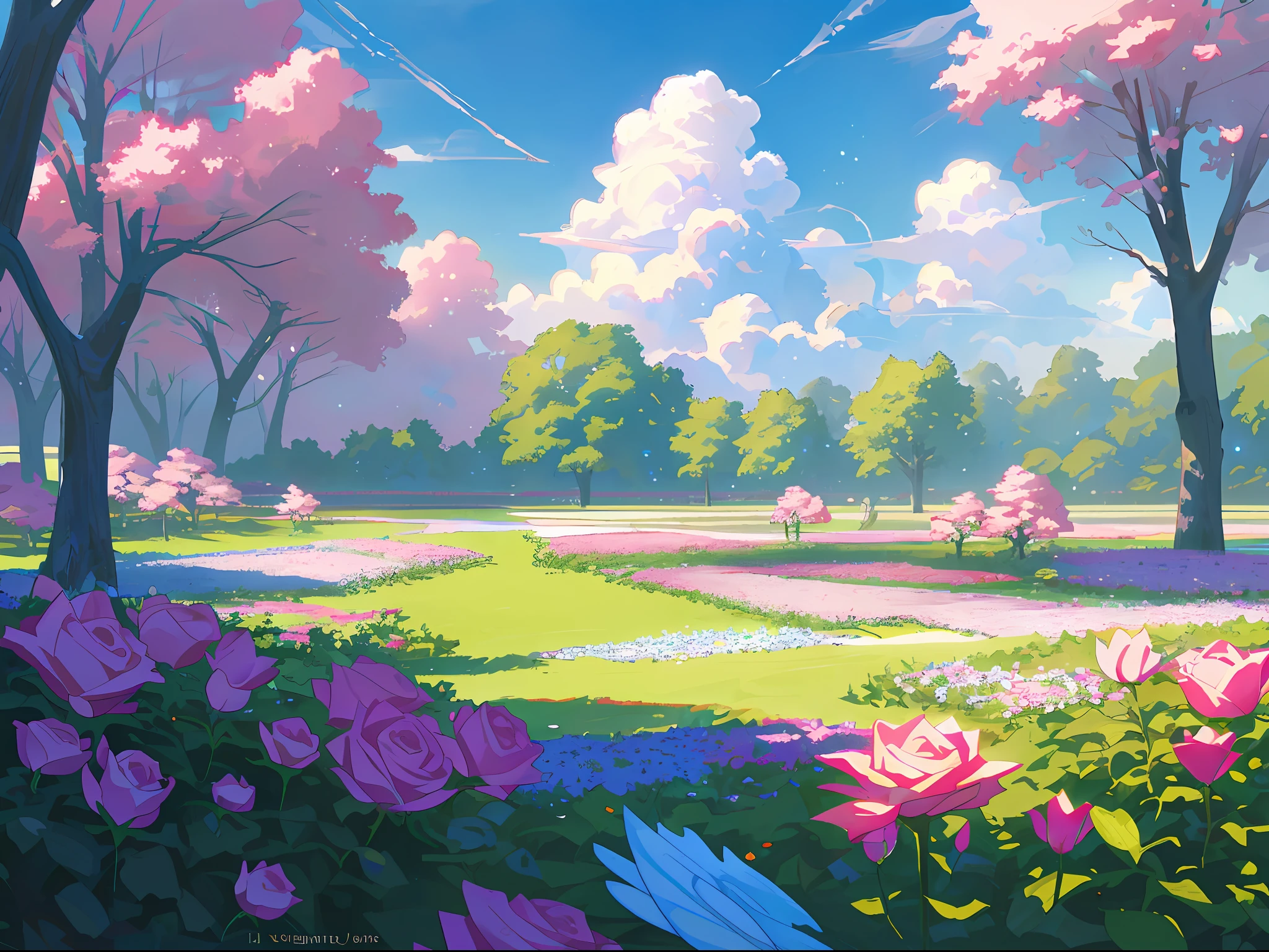 Painting of little seed in the blooming earth, painting of 4k details, drawn in the anime artist's studio, in the enchanted garden, drawn by Yang J, beautiful peaceful scene of the anime, high quality digital painting, beautiful bright sun in blue sky floating clouds. Anime, beautiful anime scenes, Rose Tran. Landscape background, beautiful digital painting, white cloud fairy --v6