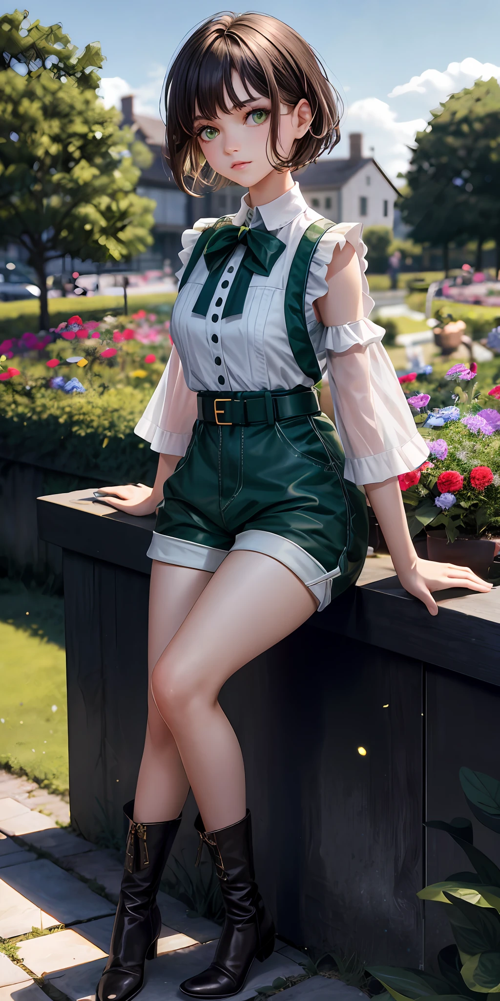 1girl, green eyes, full body, garden as a background, small breast, very short brown hair,  white skin, green shirt, shorts, Boots, long eyelashes, eyeshadow,  small face, big eyes