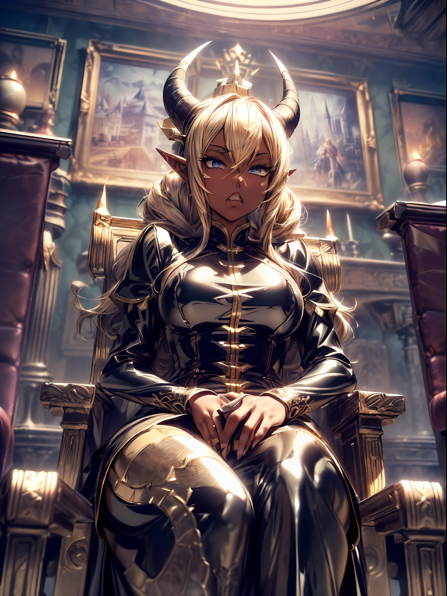 high contrast, (8K UHD:1.2), (photorealistic:1.2),(masterpiece:1.4), (best quality:1.4),extremely detailed wallpaper, highly detailed illustrations, ((1 Girl)) , (super-complex details) , 4K unified, (masterpiece:1.2), (best quality:1.2), (1woman), (masterpiece), (masterpiece, best quality, ultra-detailed:1.2), (an extremely delicate and beautiful:1.1), (1girl, minor, dark skin, surprised, sharp teeth, gold drill hair, gold empty eyes, goat horns, elf ear, gigantic breasts, black china-dress:1.3), (shiny clothes, shiny skin:1.7), Saint Seiya style, (3d:1.6), (particle lighting, below wind, action shot, dynamic angle, close-up:1.3), (castle audience room, sit on the throne, crossed legs, big attitude, from below:1.5)